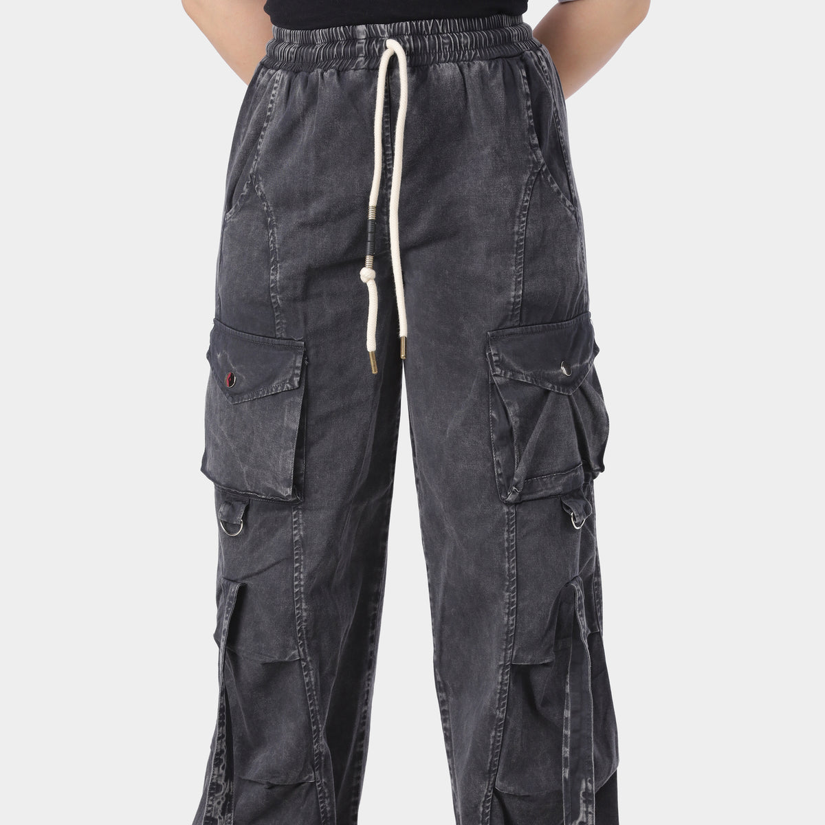 Wide Leg Cargo Pants with Drawstring Waist 2059E211