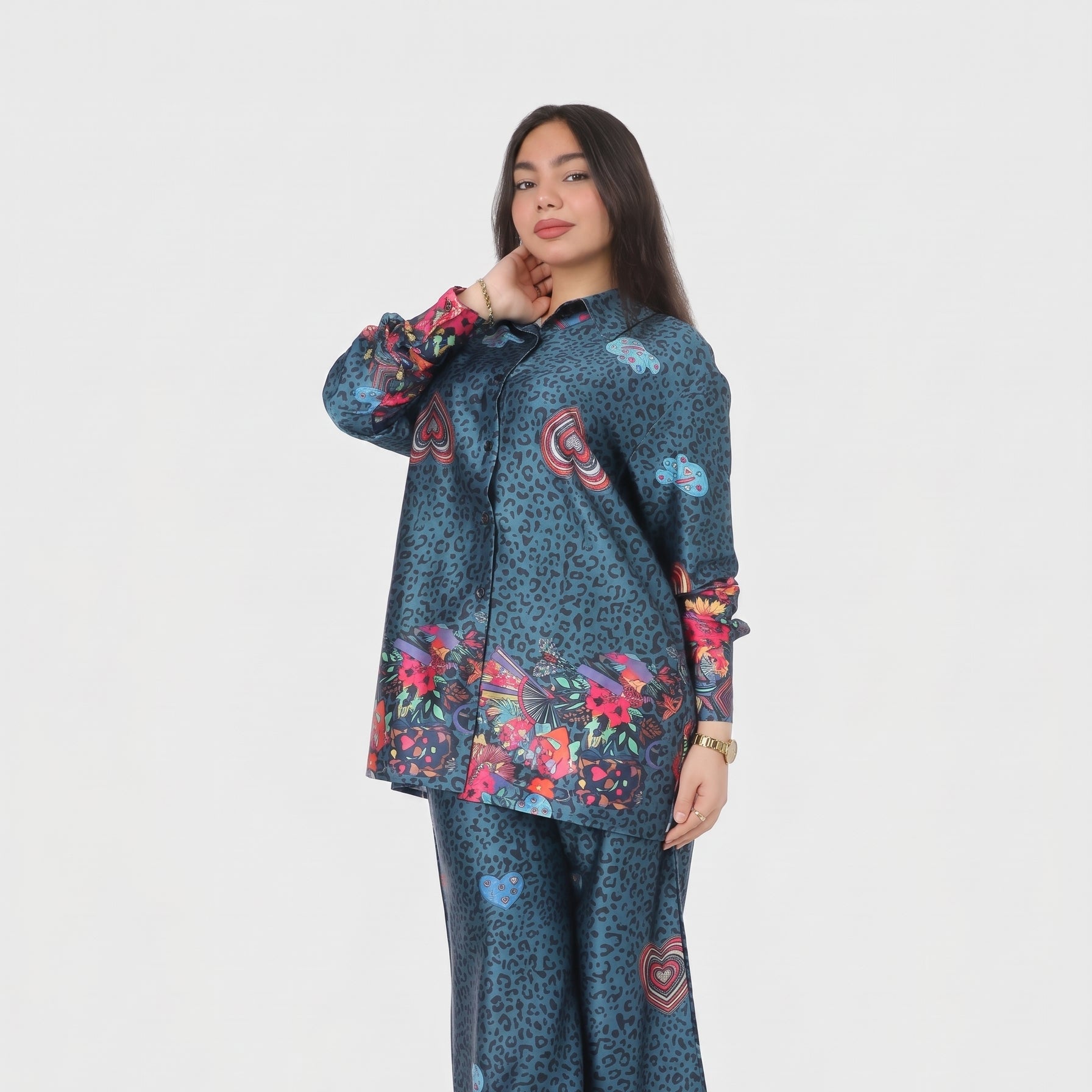 Leopard & Floral Print Satin Co-Ord Set 2065102