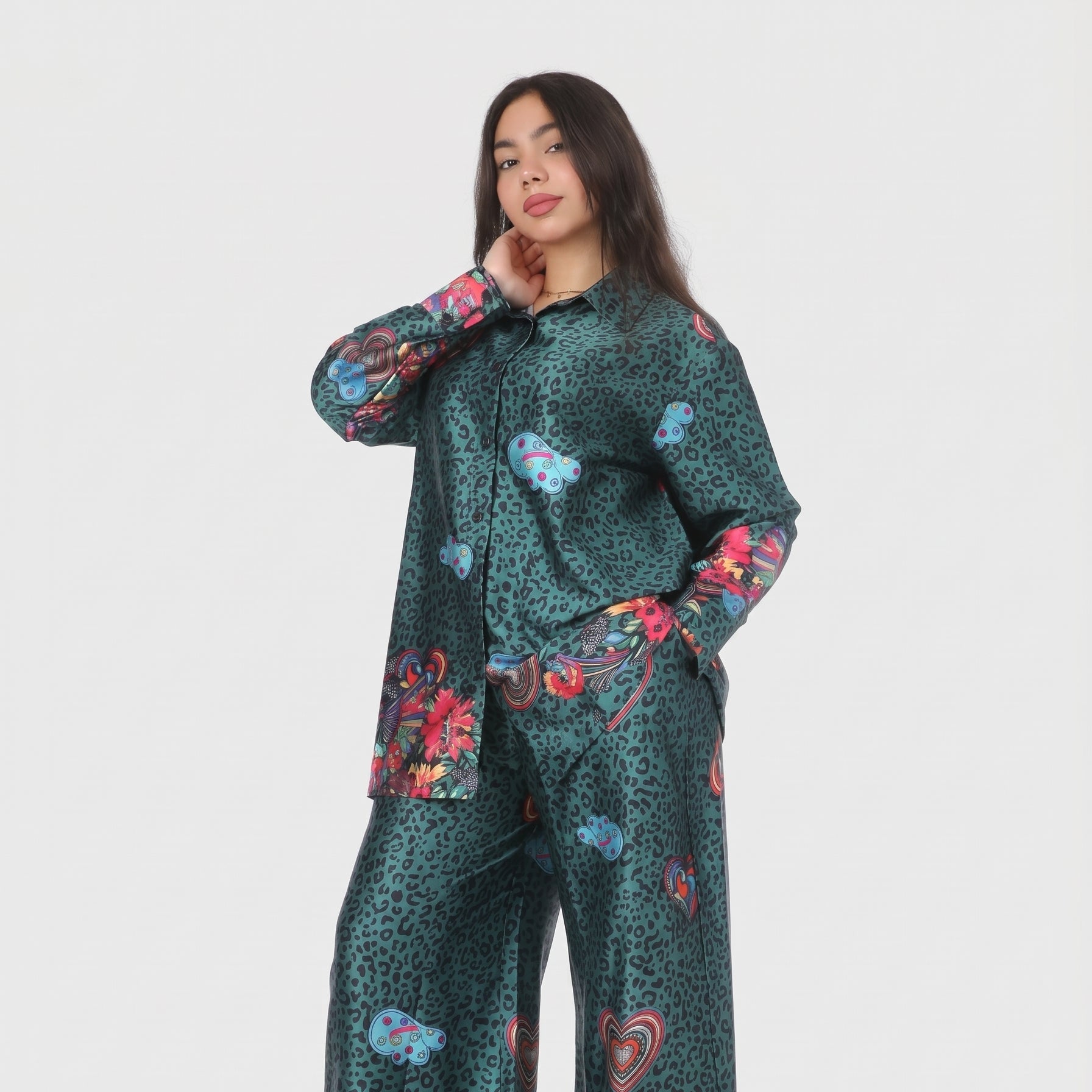 Leopard & Floral Print Satin Co-Ord Set 2065102