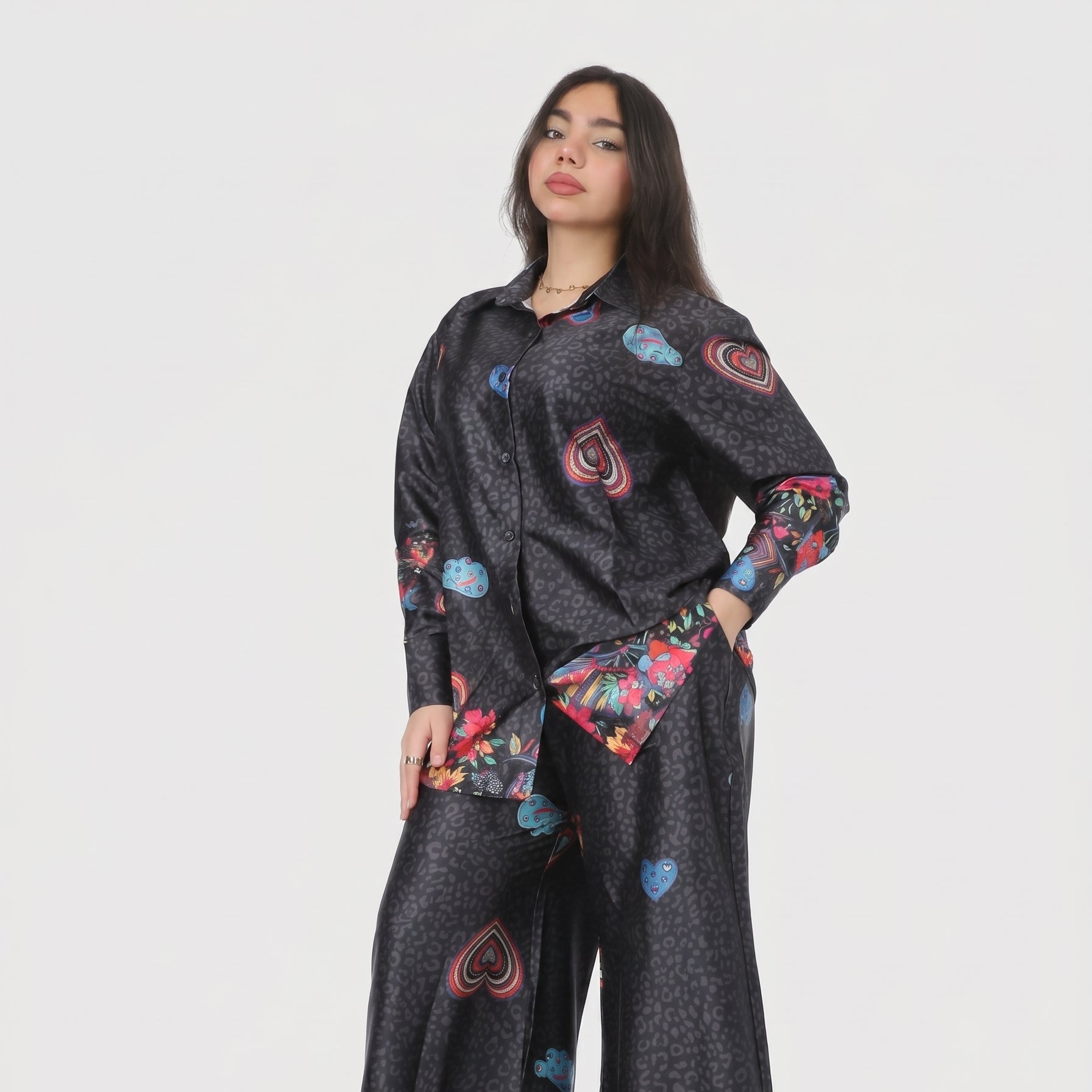 Leopard & Floral Print Satin Co-Ord Set 2065102