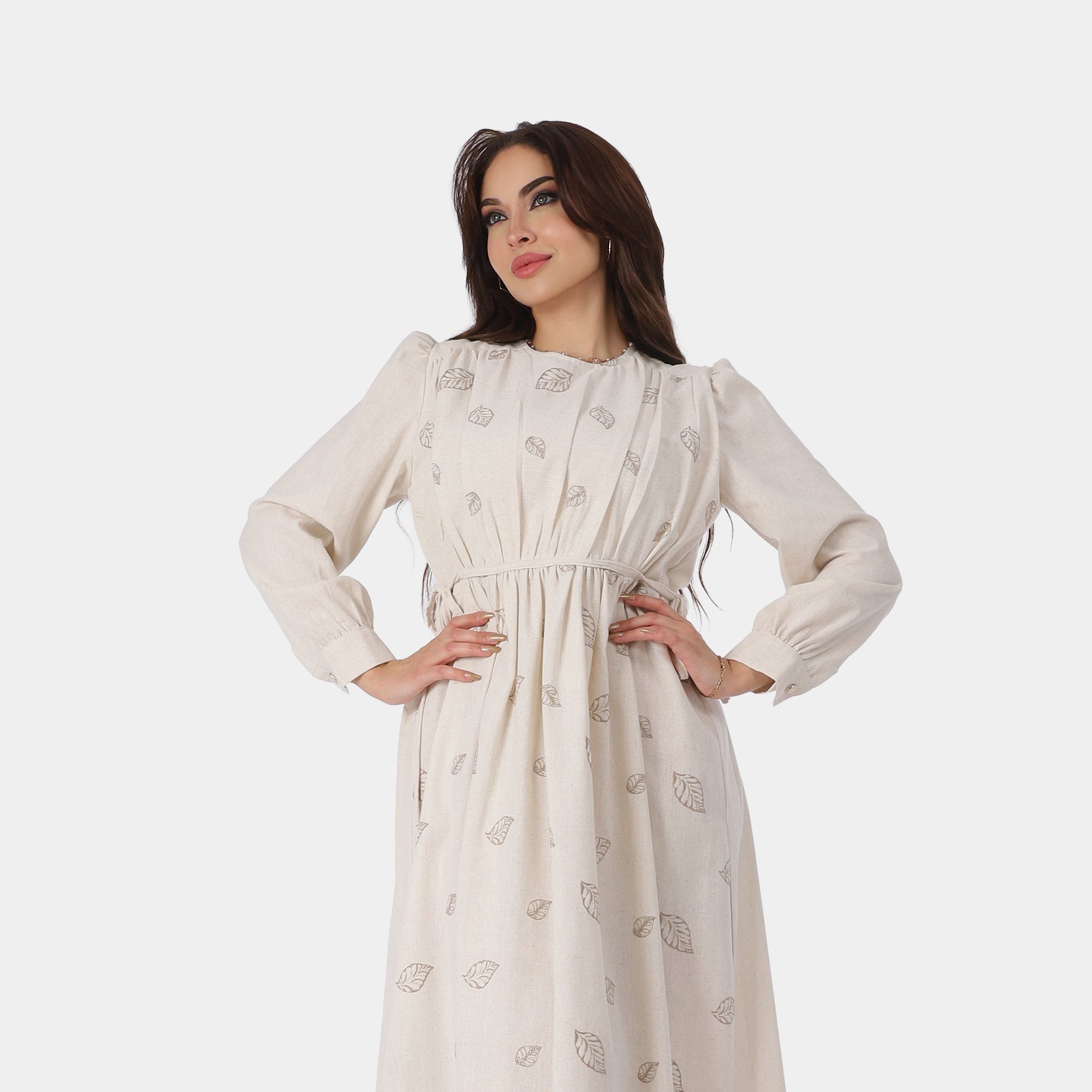 Leaf Print Midi Dress with Waist Tie 206670202