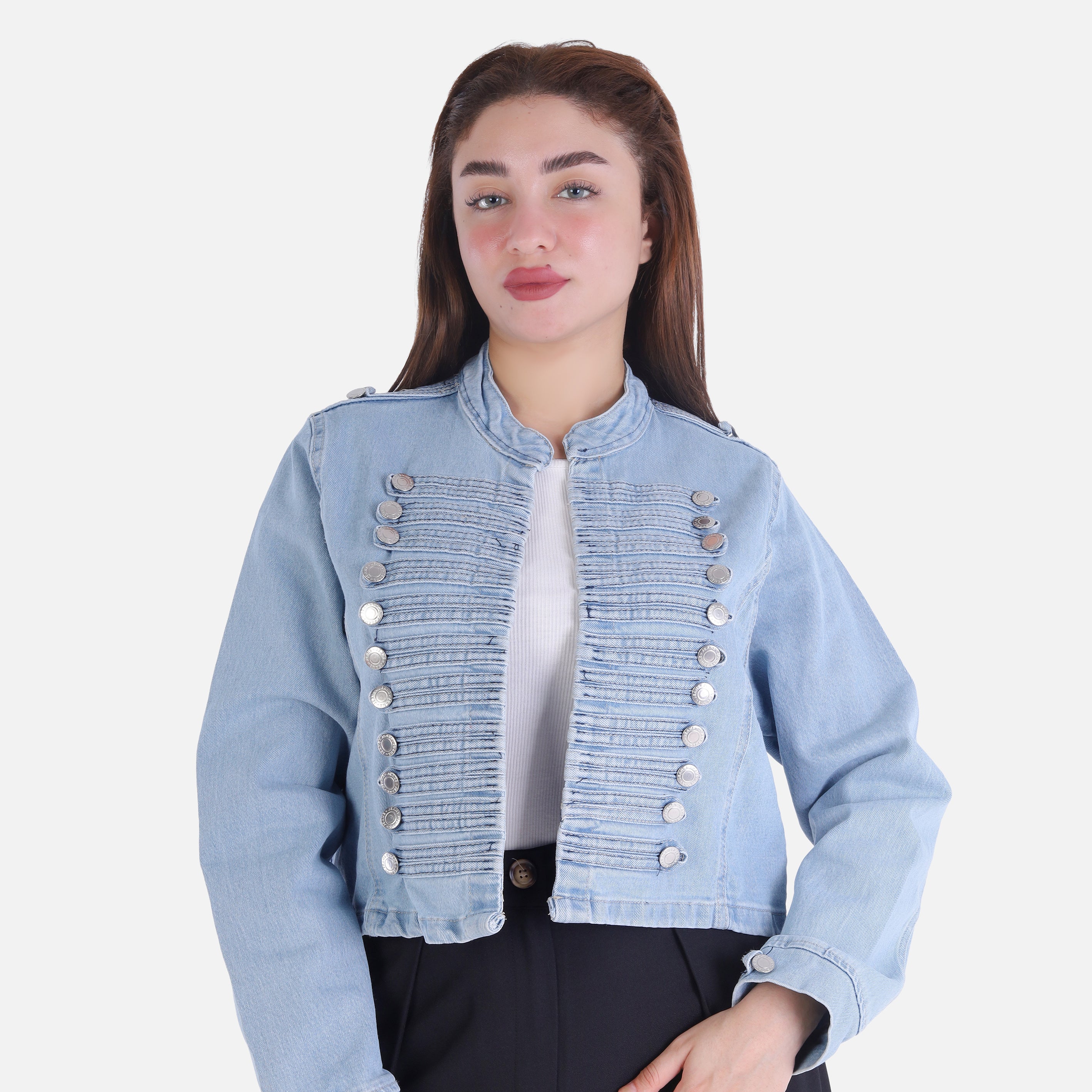 Cropped Denim Jacket With Double Row Button Detail 20681557