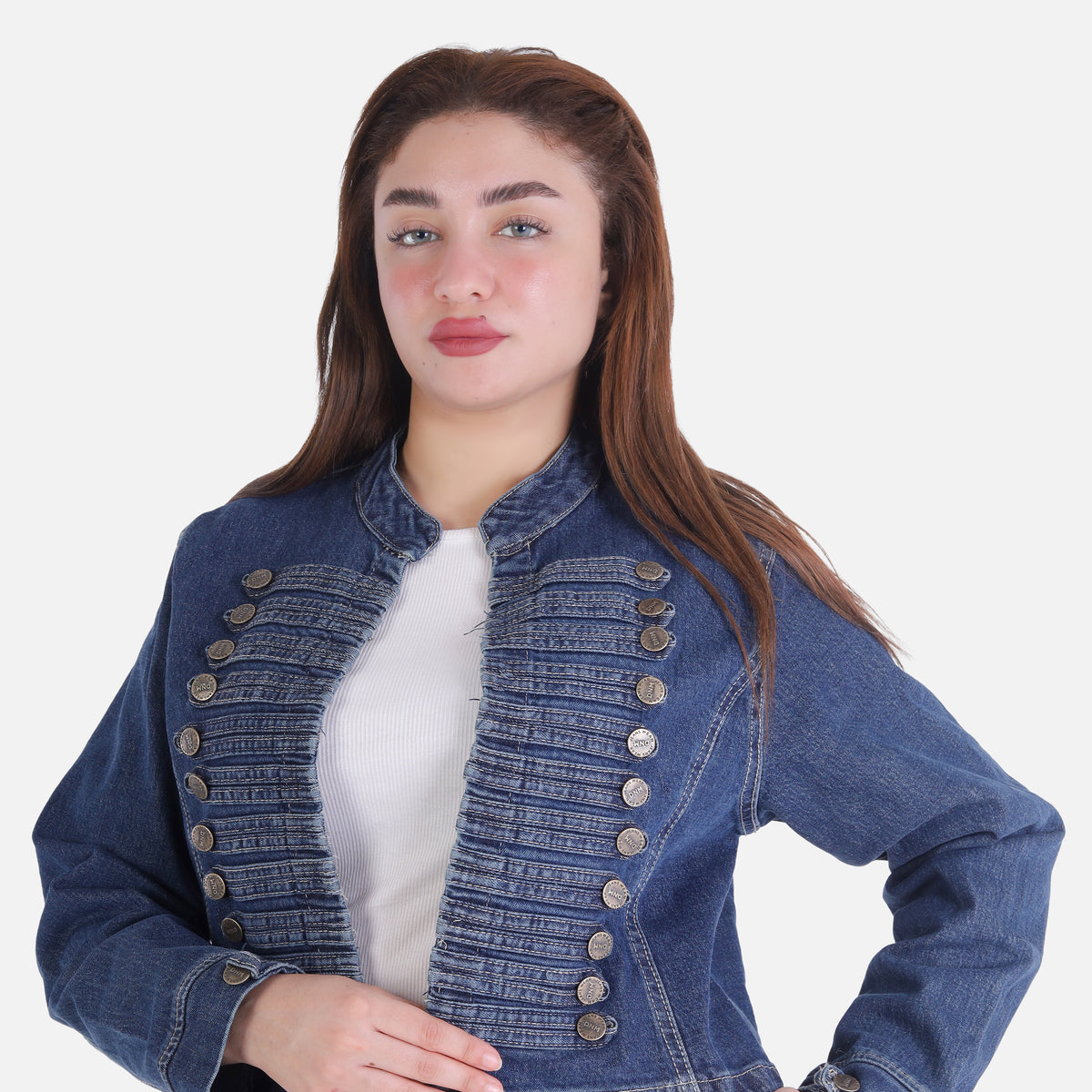 Cropped Denim Jacket With Double Row Button Detail 20681557
