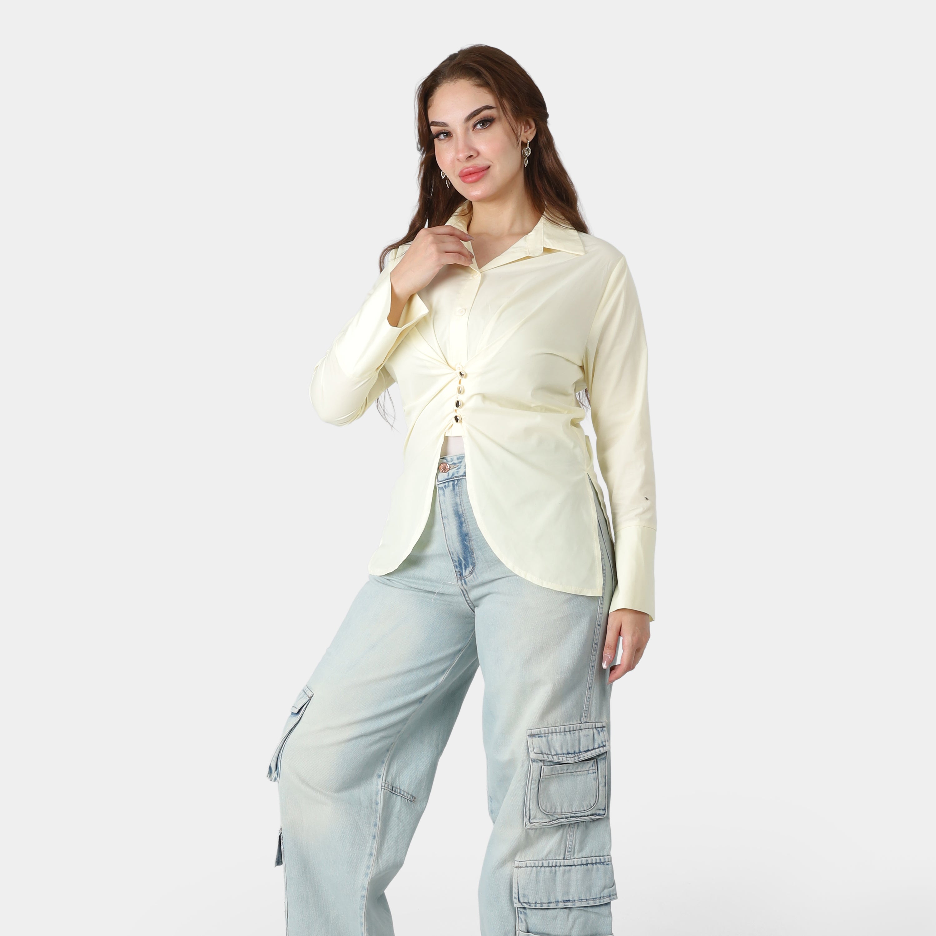 Front Button Blouse with Elegant Back Waist Belt 20721062