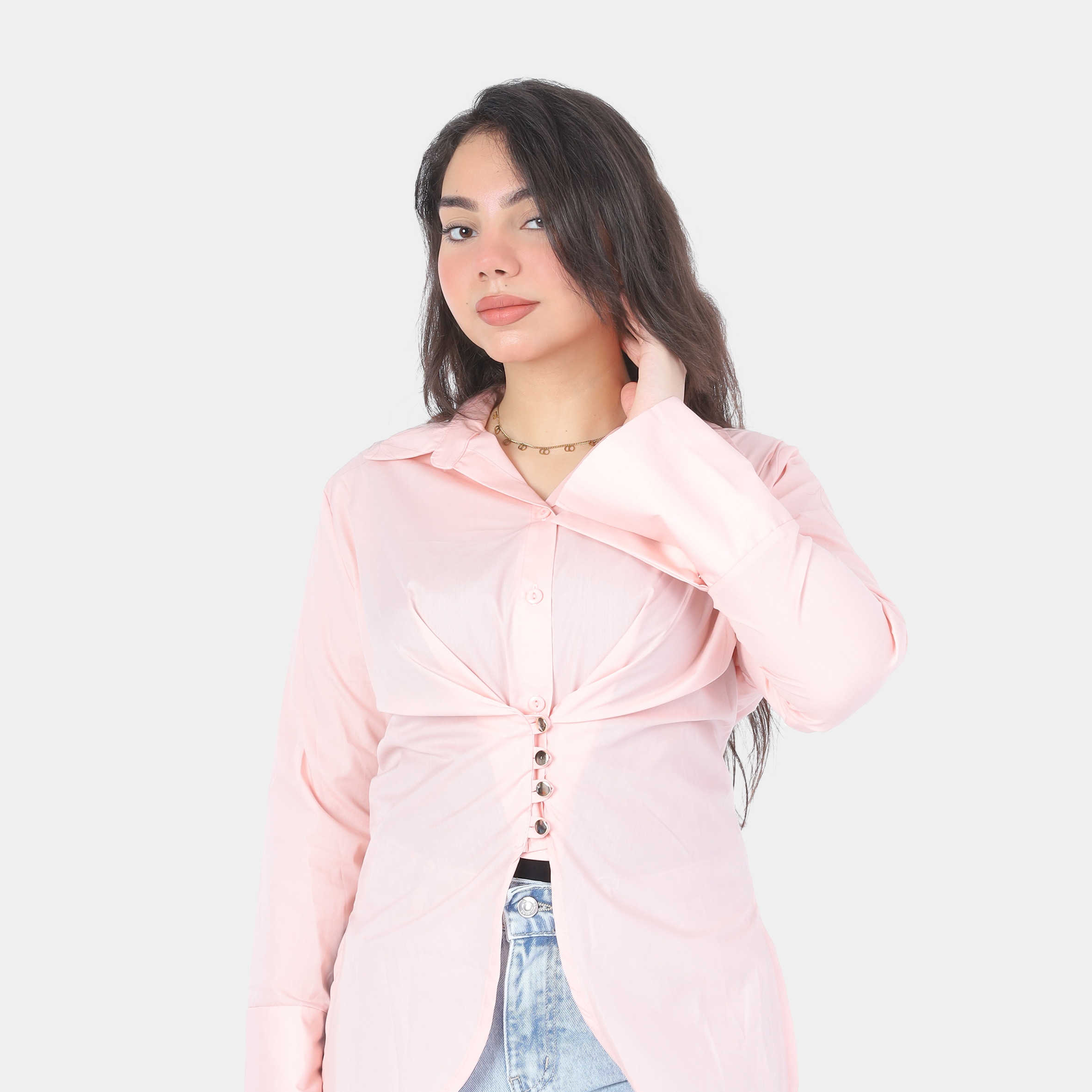 Front Button Blouse with Elegant Back Waist Belt 20721062