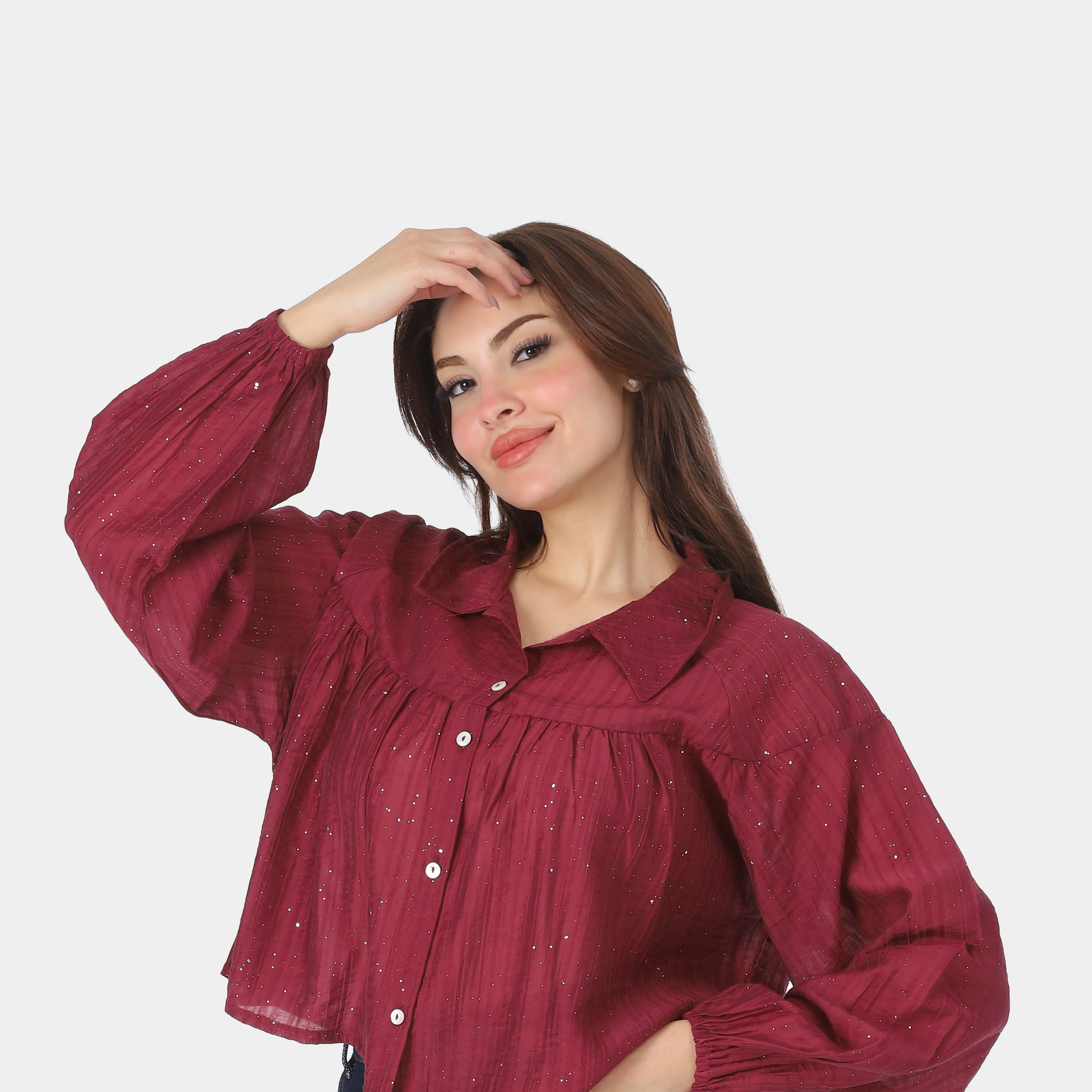 Shimmer Cropped Button-Down Blouse 2086V0593