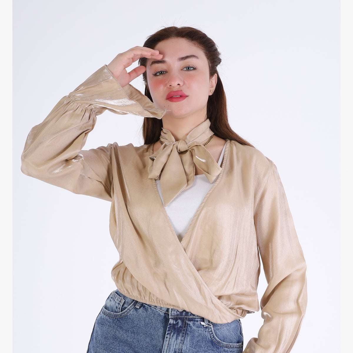 Elegant Cropped Blouse with Neck Tie 209210102