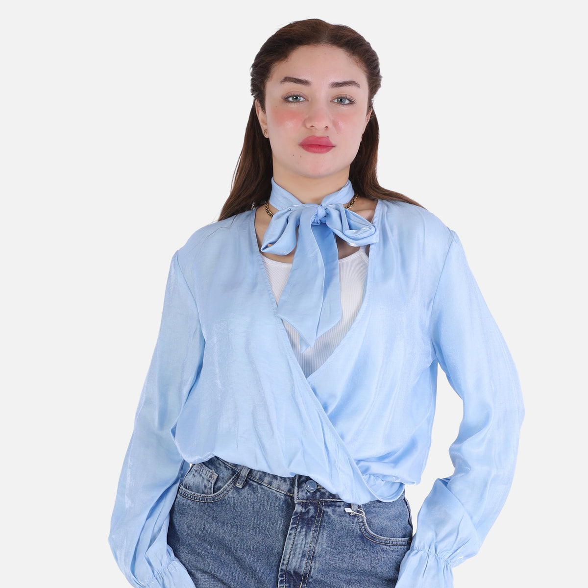 Elegant Cropped Blouse with Neck Tie 209210102