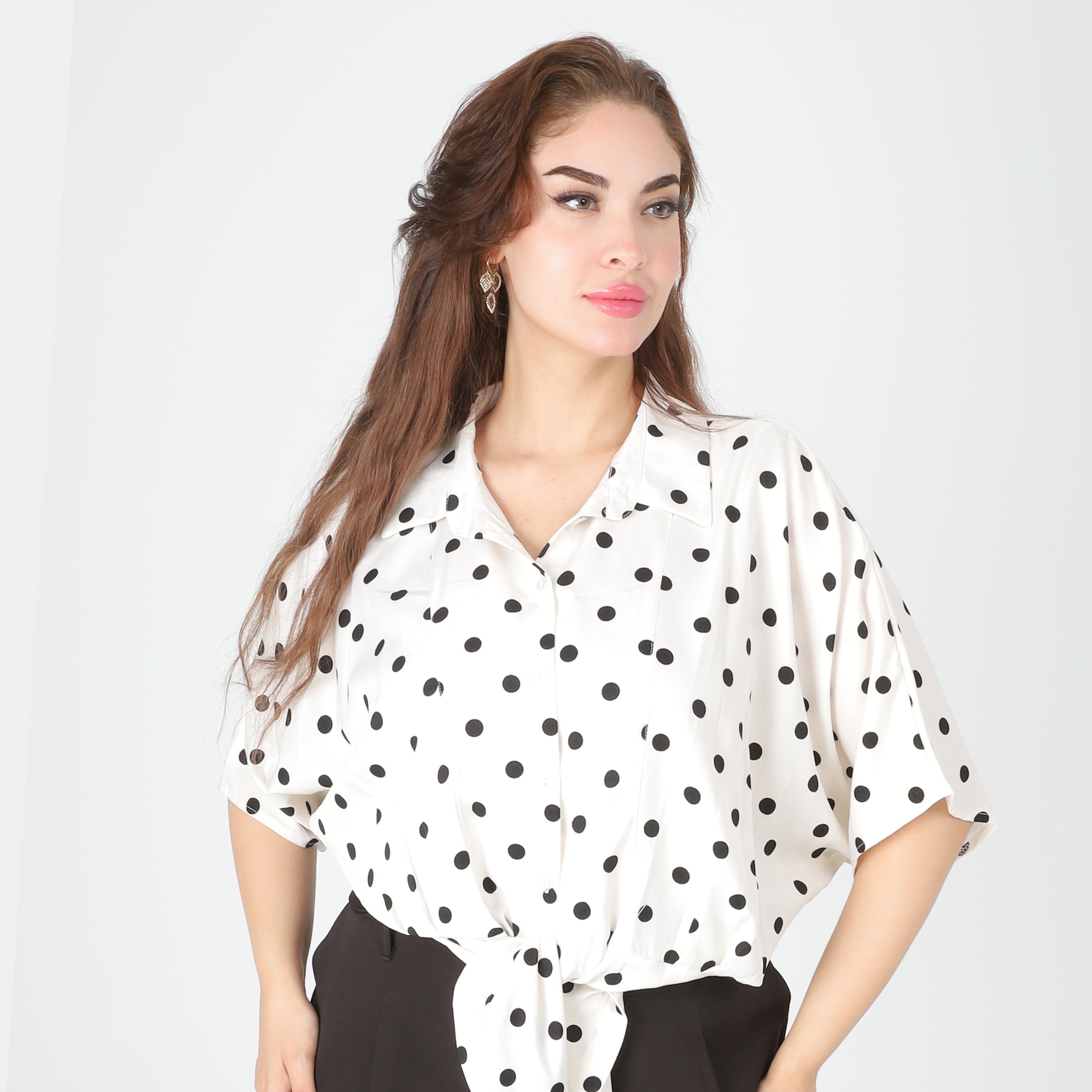 Polka Dot Button-Front Half Sleeve Blouse 209210128