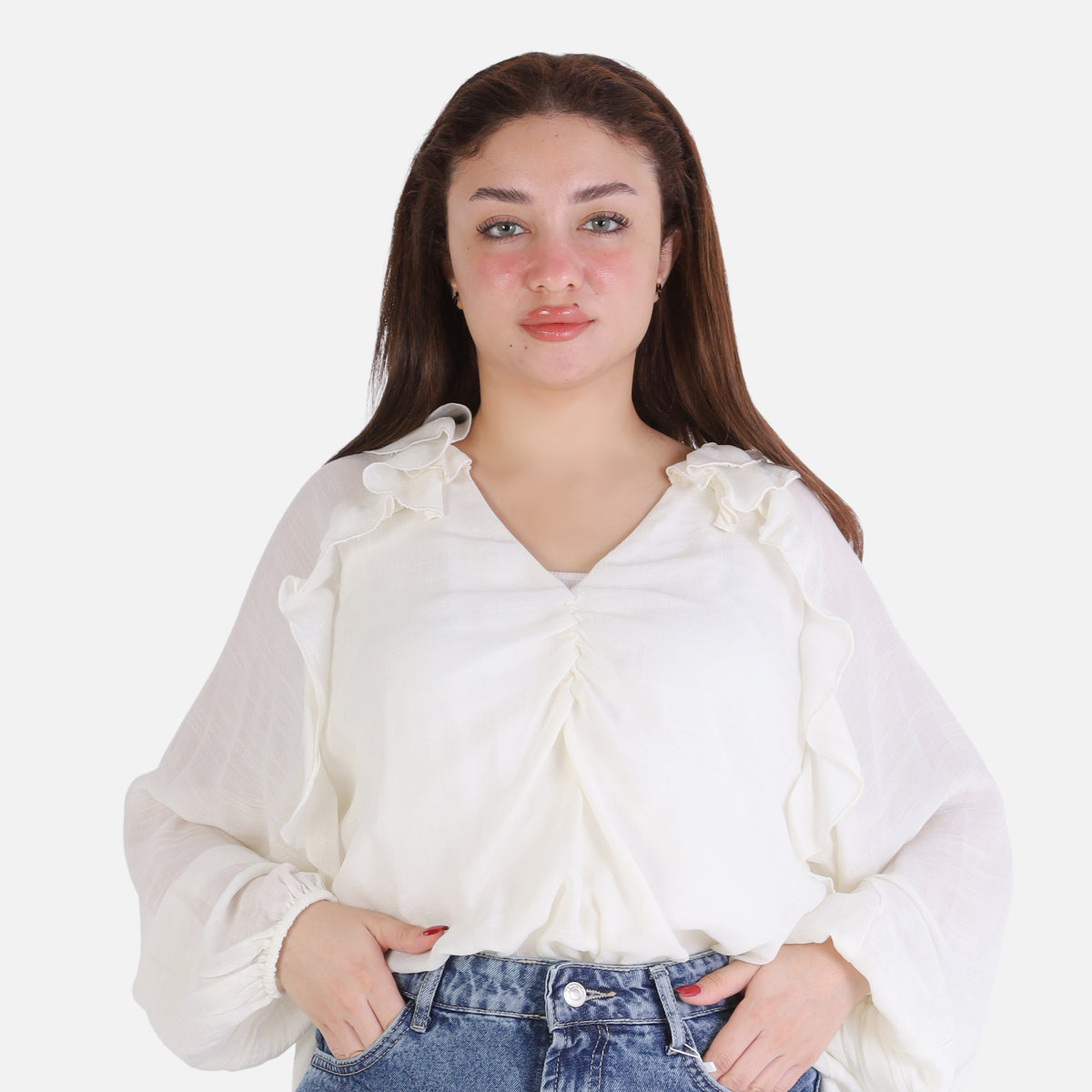 V-Neck Blouse with Ruffle Sleeves 209210141