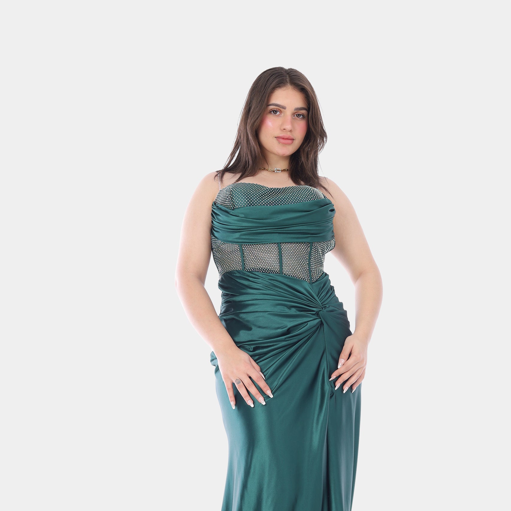 Emerald Satin Corset Evening Gown 2126252