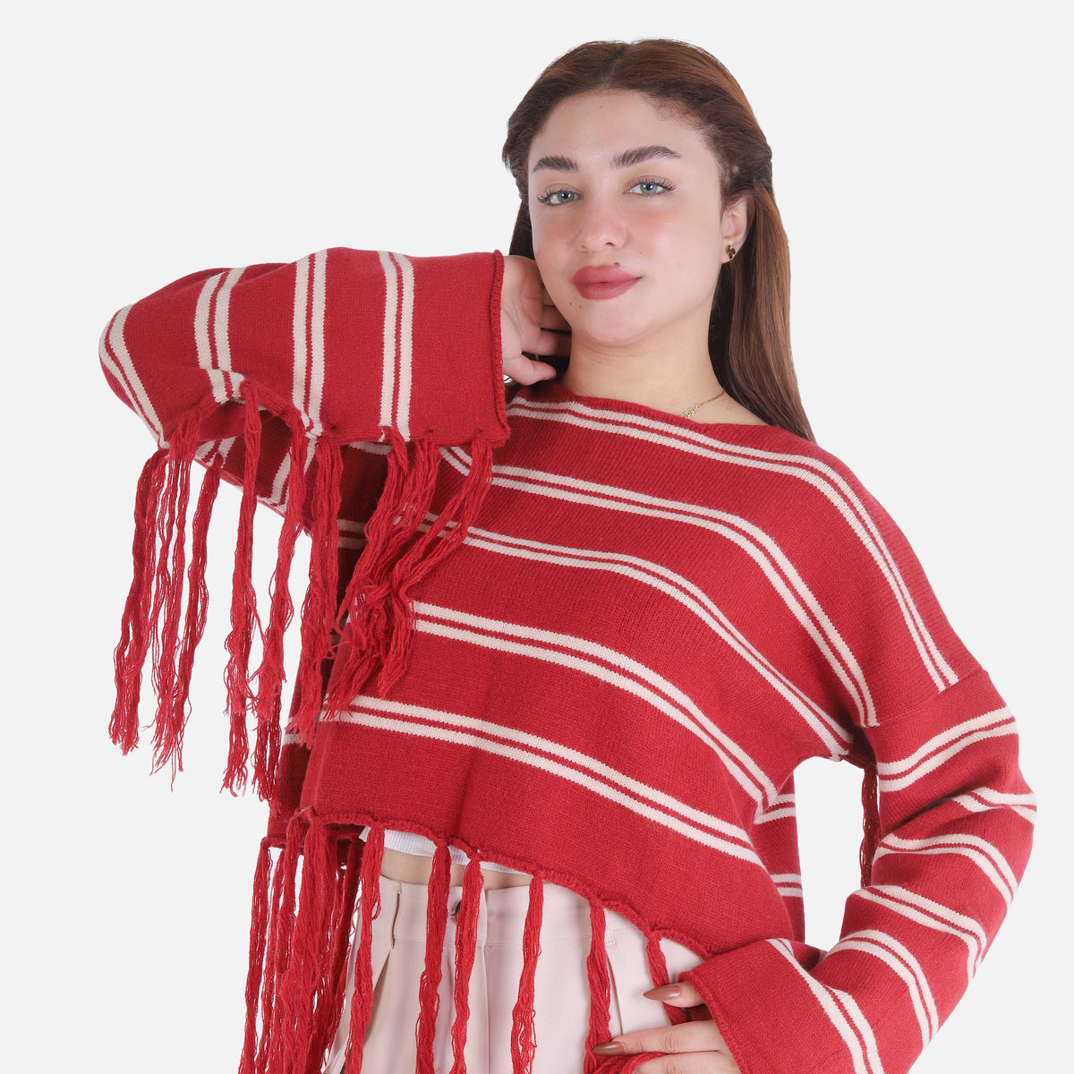 Striped Fringe Knit Blouse 2135/051