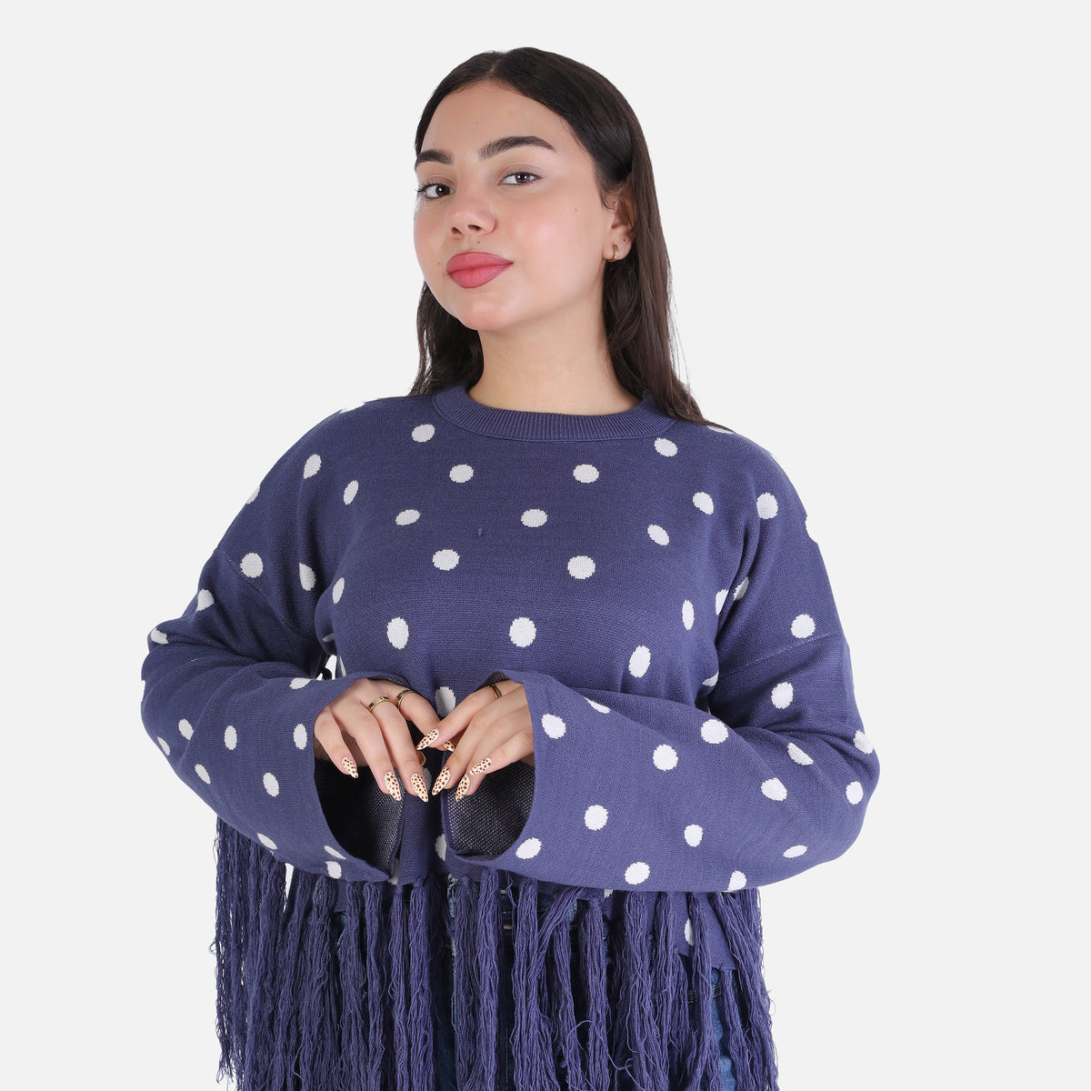 Polka Dot Knitted Blouse with Fringe Detail 2135/052