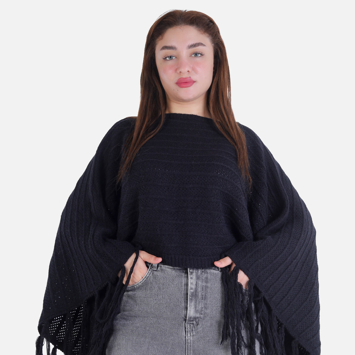 Short Knitted Fringe Poncho 2135/108
