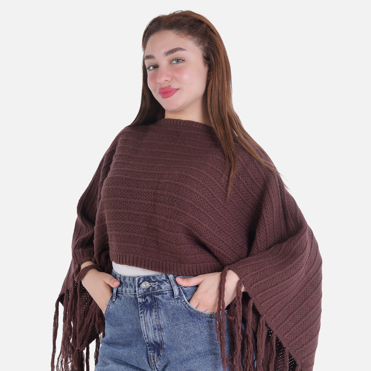 Short Knitted Fringe Poncho 2135/108