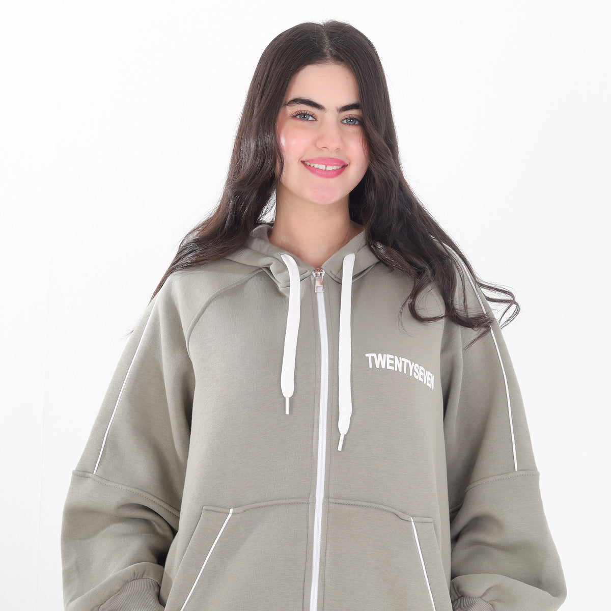 Zip-Up Hoodie with White Piping Detail 21982062