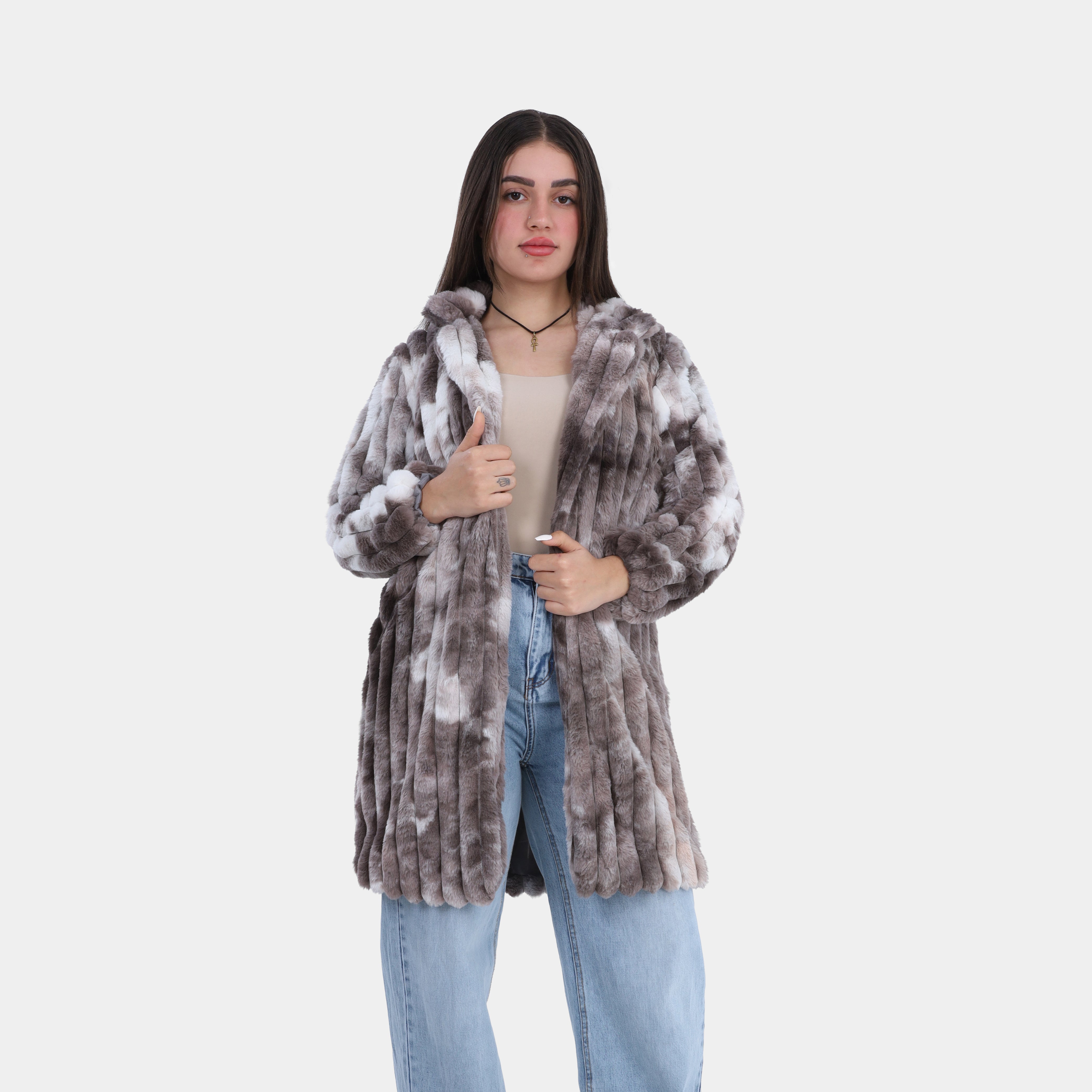 Vertical Ribbed Faux Fur Colorful Hooded Coat w1698225