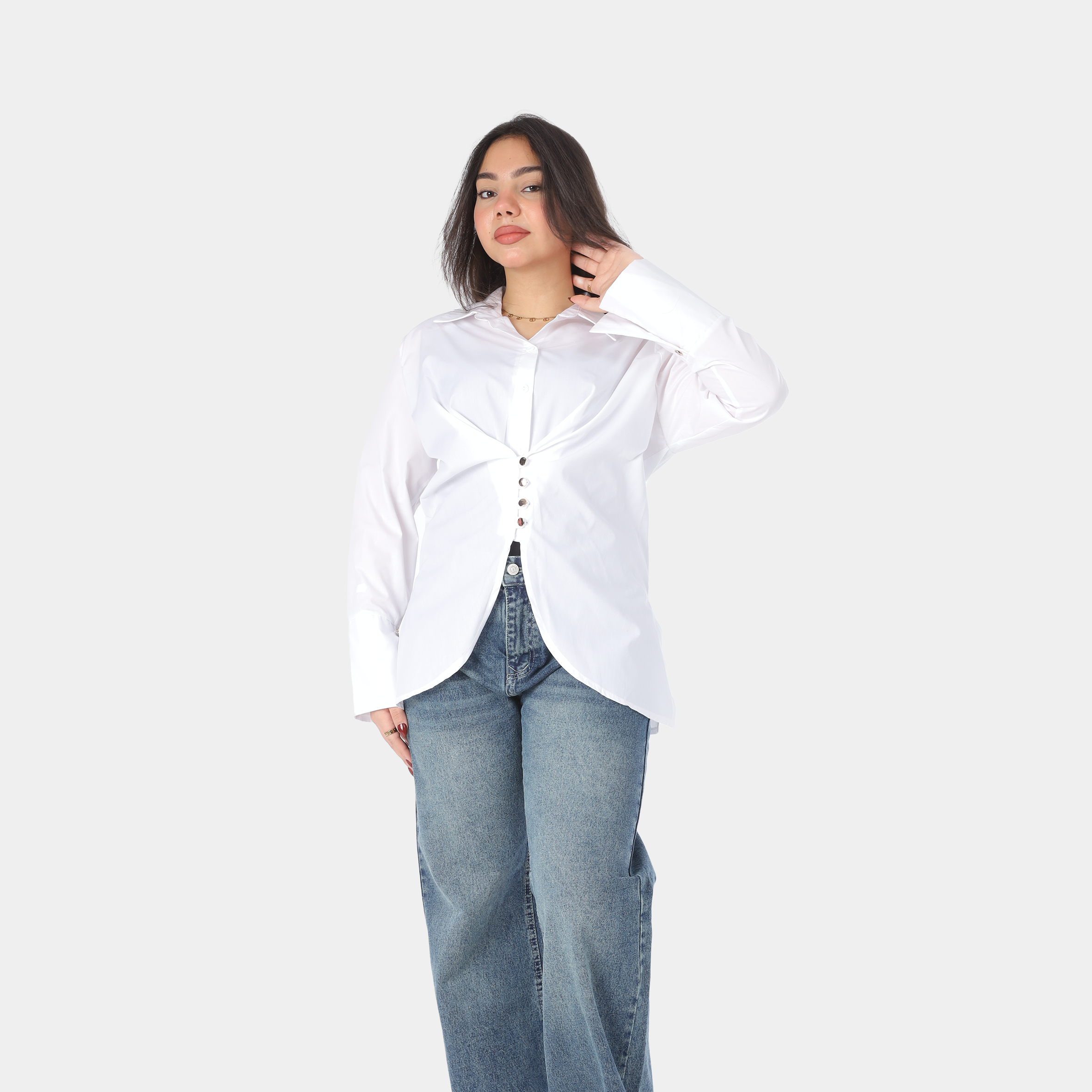 Front Button Blouse with Elegant Back Waist Belt 20721062