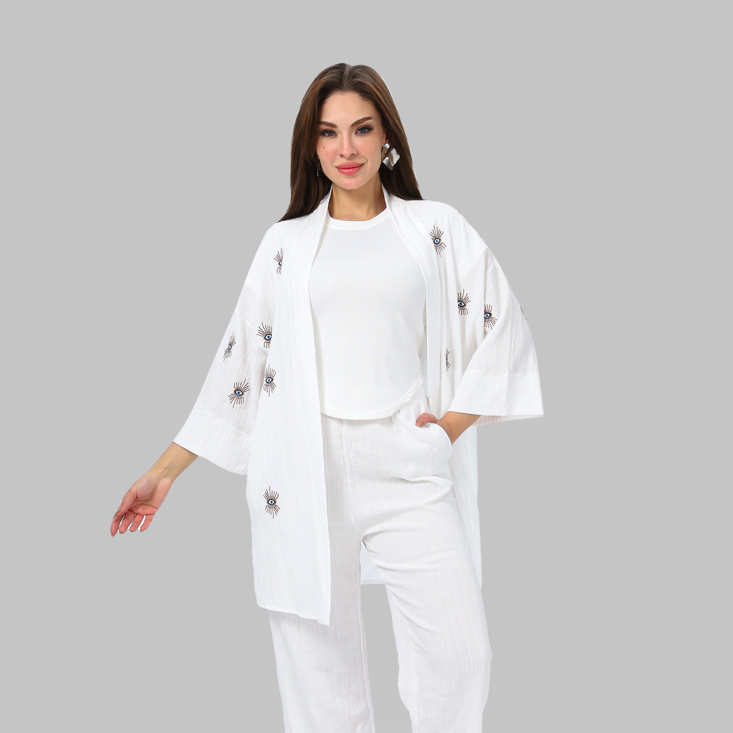 Two-piece set with wide-sleeved kimono s106480183