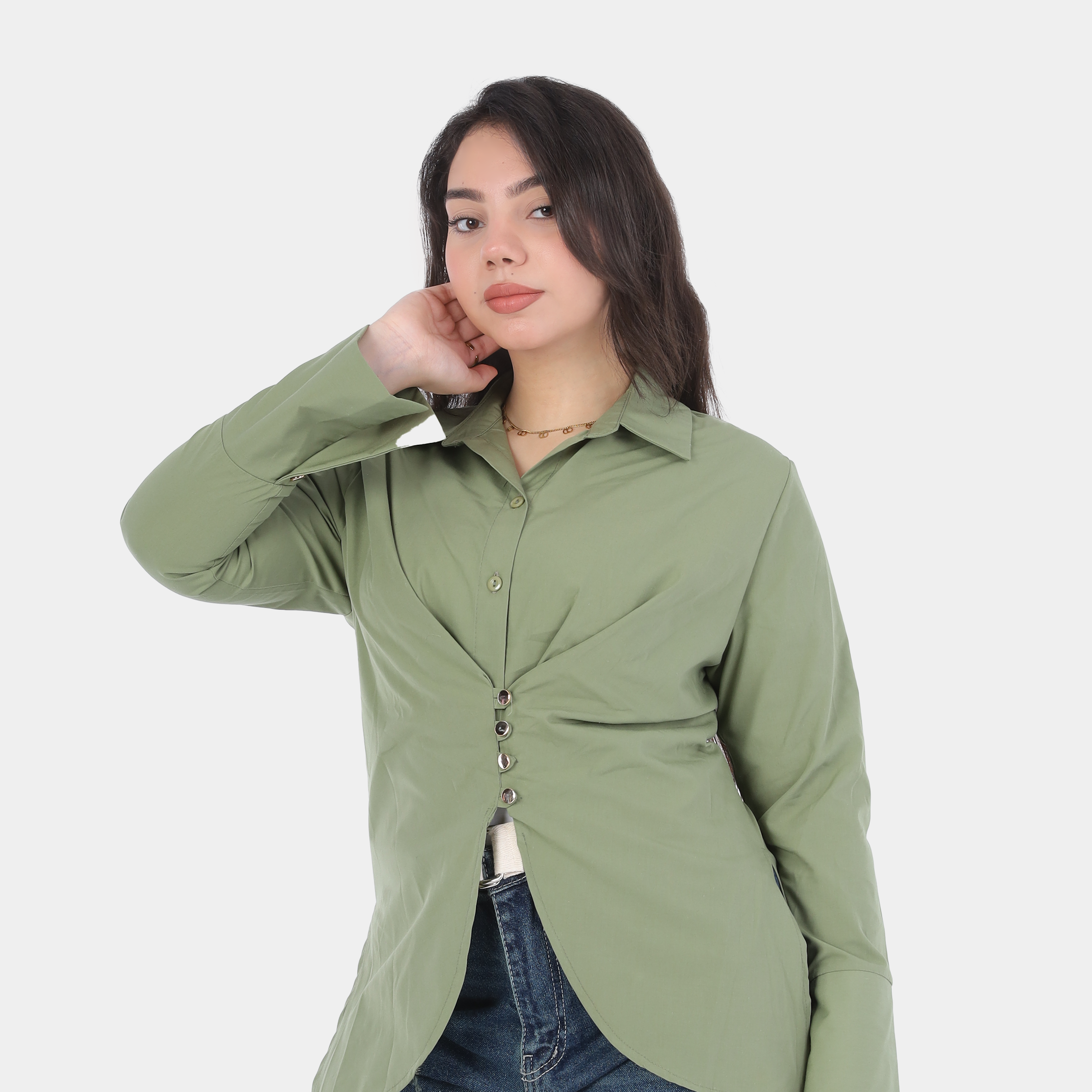Front Button Blouse with Elegant Back Waist Belt 20721062