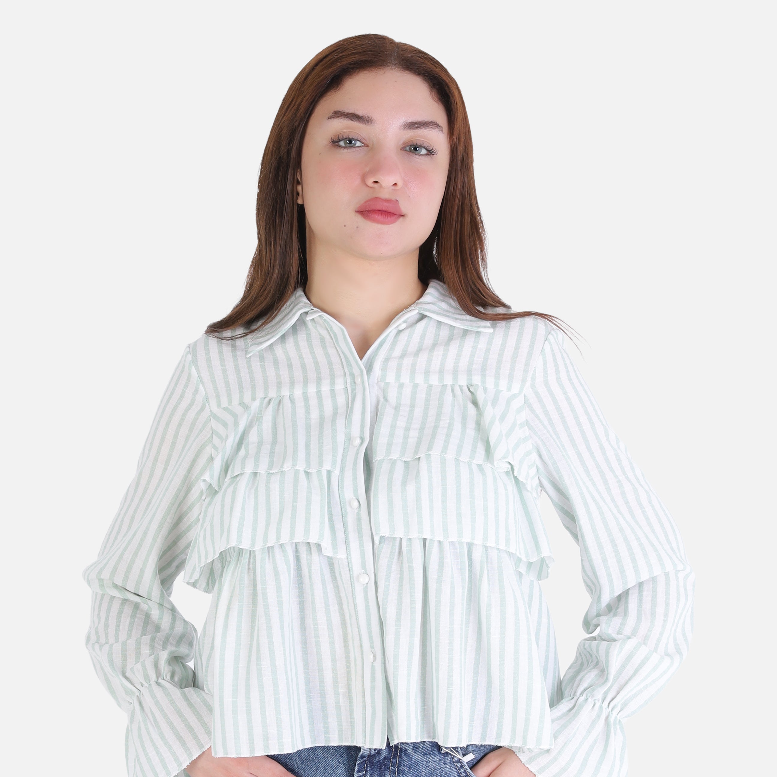 Striped Ruffle Blouse with Buttons 698675