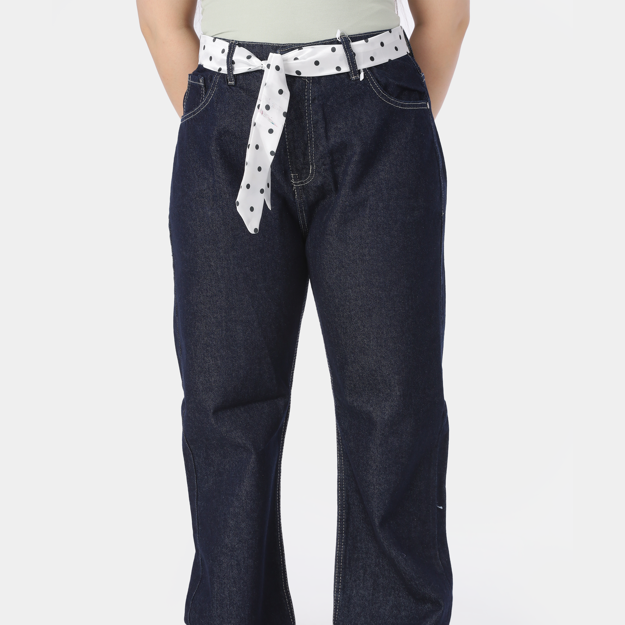 Wide Leg Jeans with Satin Waist Belt 9527070