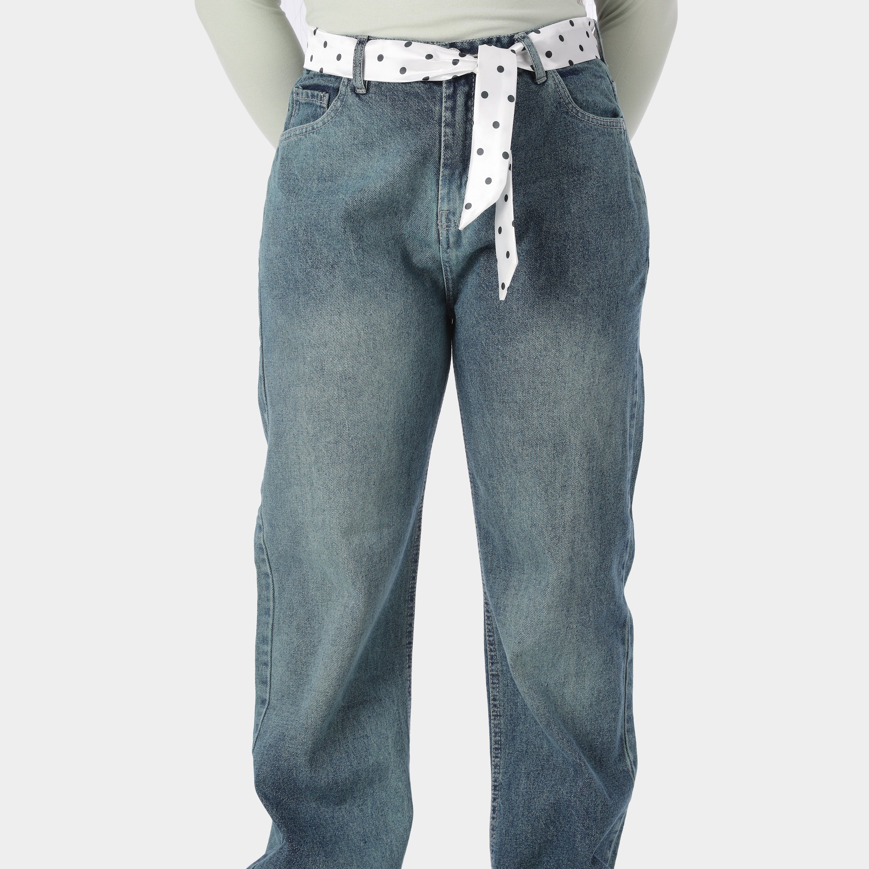 Wide Leg Jeans with Satin Waist Belt 9527070