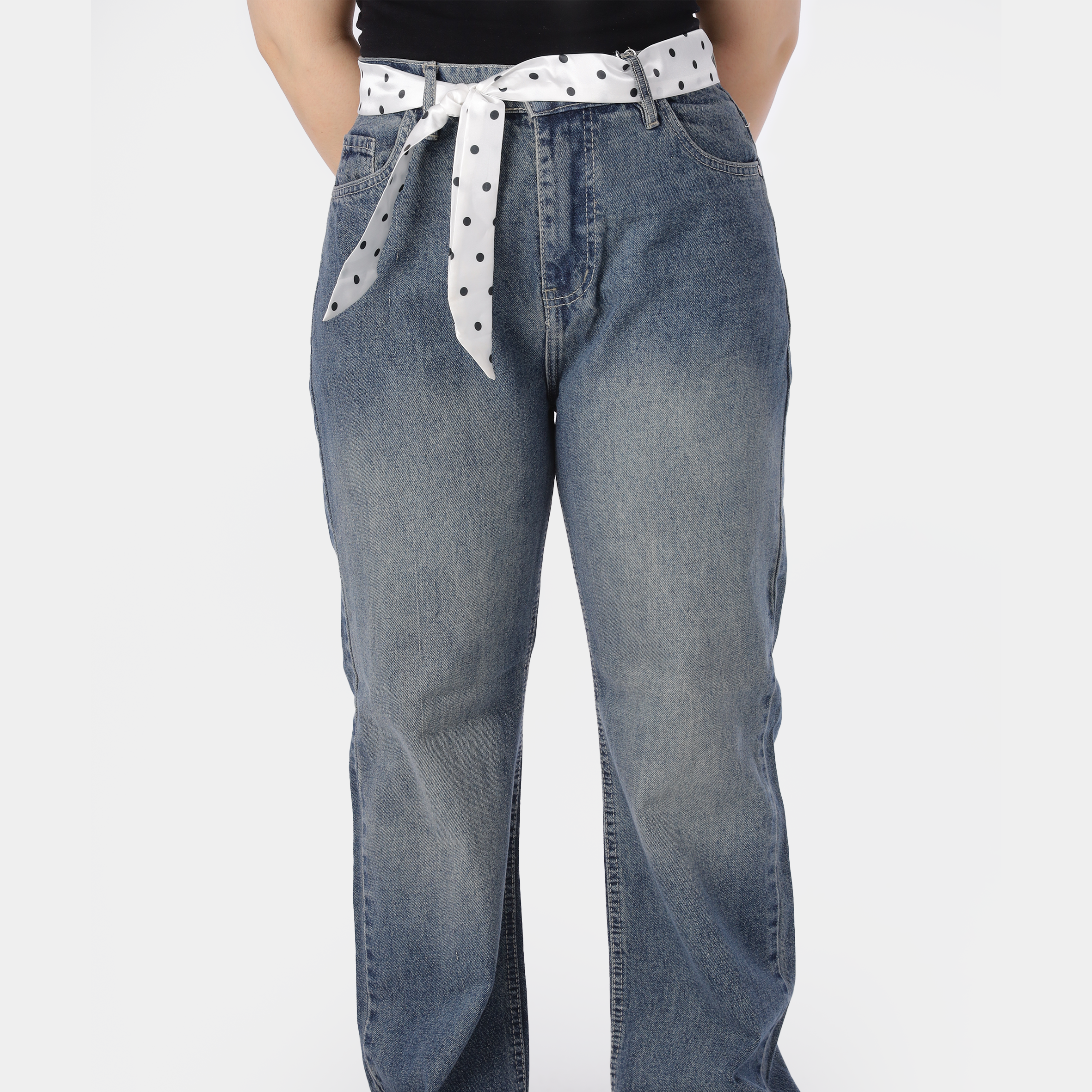 Wide Leg Jeans with Satin Waist Belt 9527070