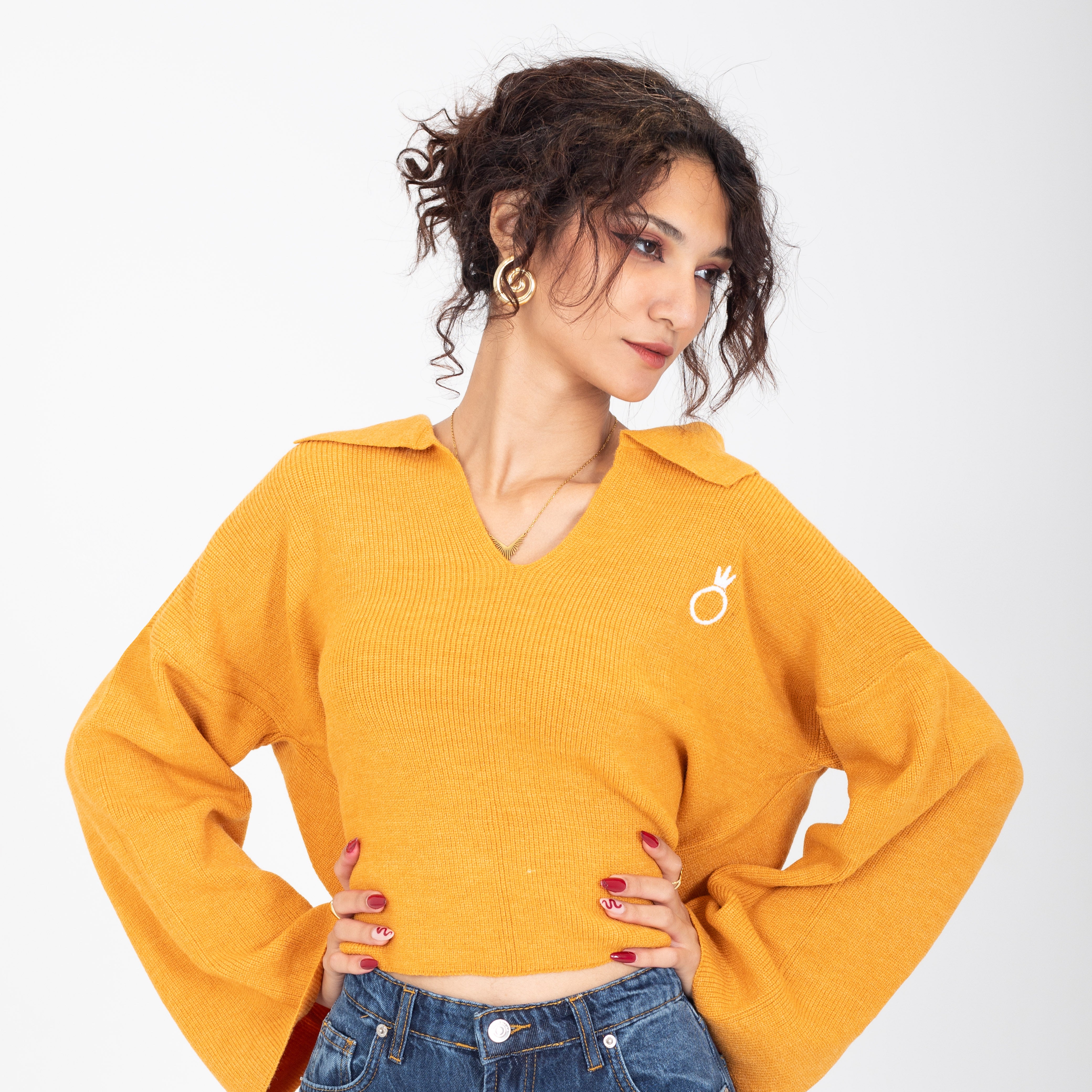 Collared V-Neck Cropped Knit Sweater w16252687/1