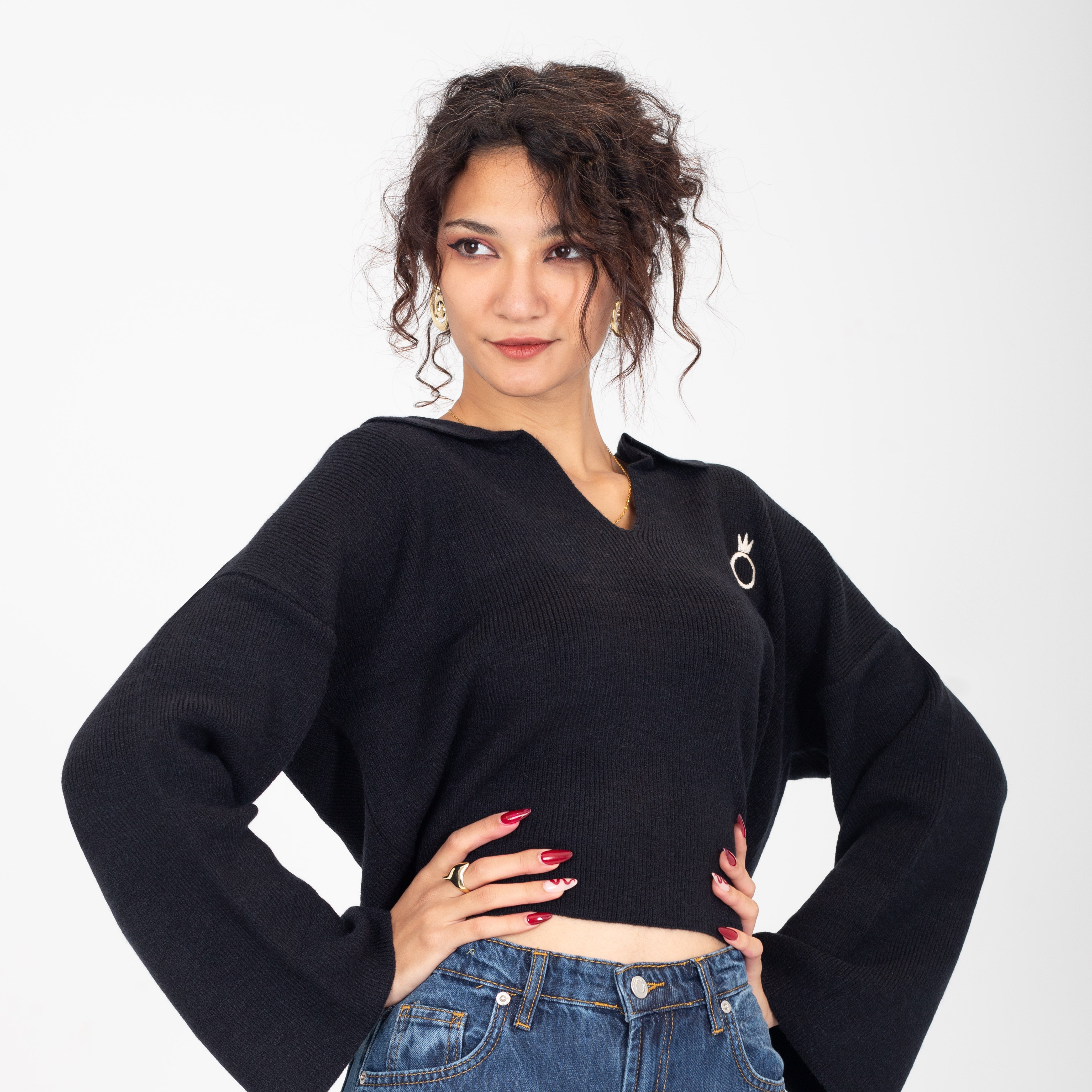 Collared V-Neck Cropped Knit Sweater w16252687/1