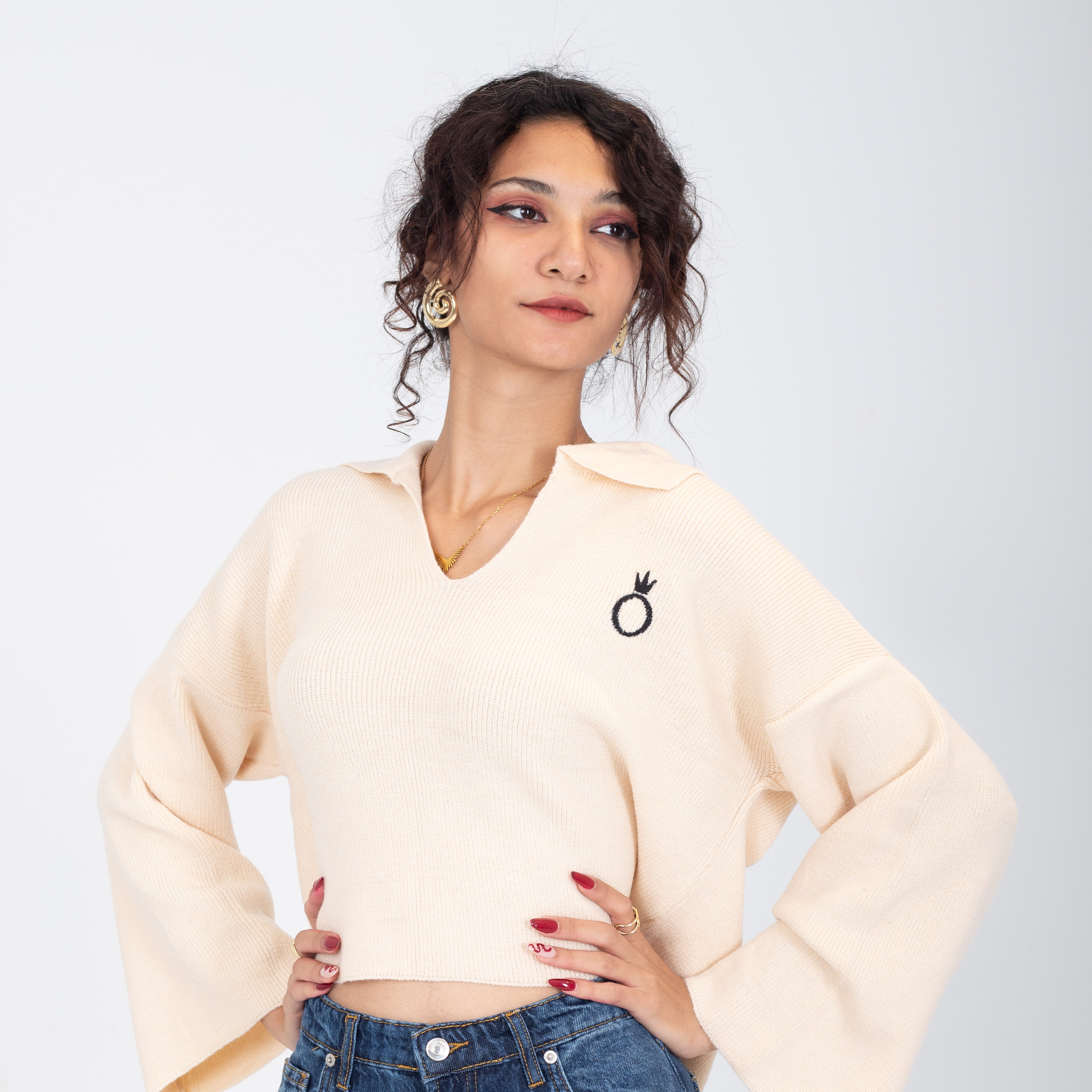 Collared V-Neck Cropped Knit Sweater w16252687/1