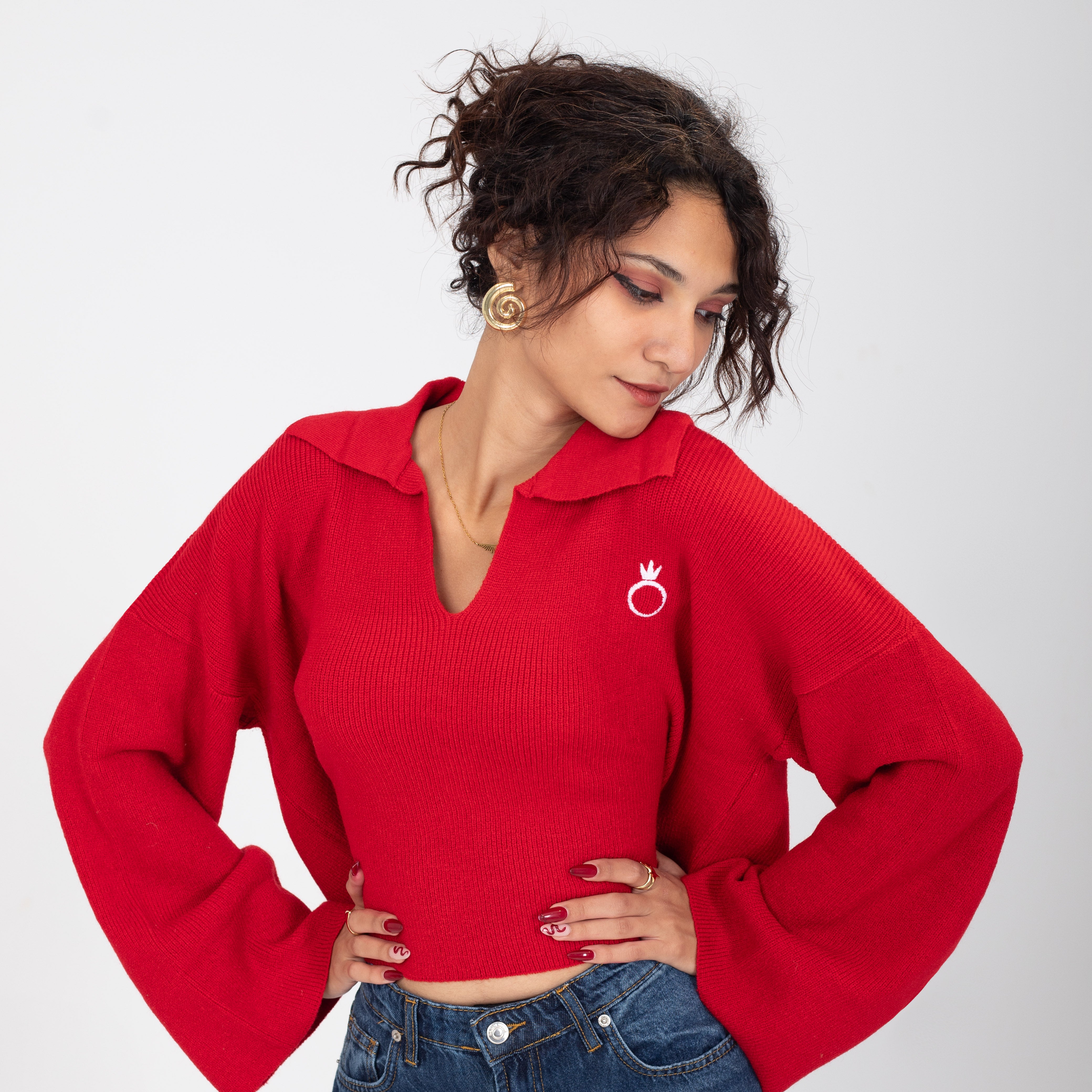 Collared V-Neck Cropped Knit Sweater w16252687/1