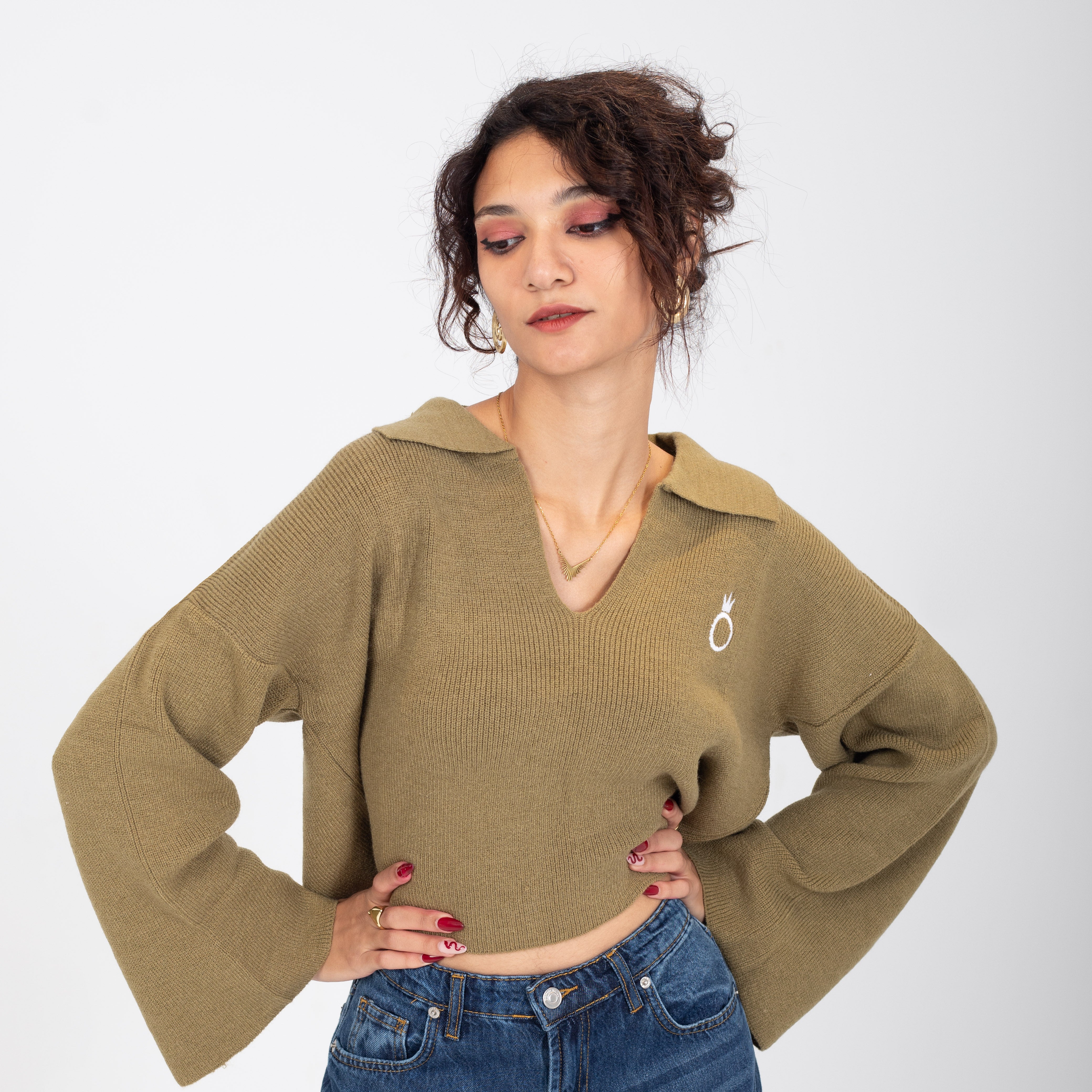 Collared V-Neck Cropped Knit Sweater w16252687/1