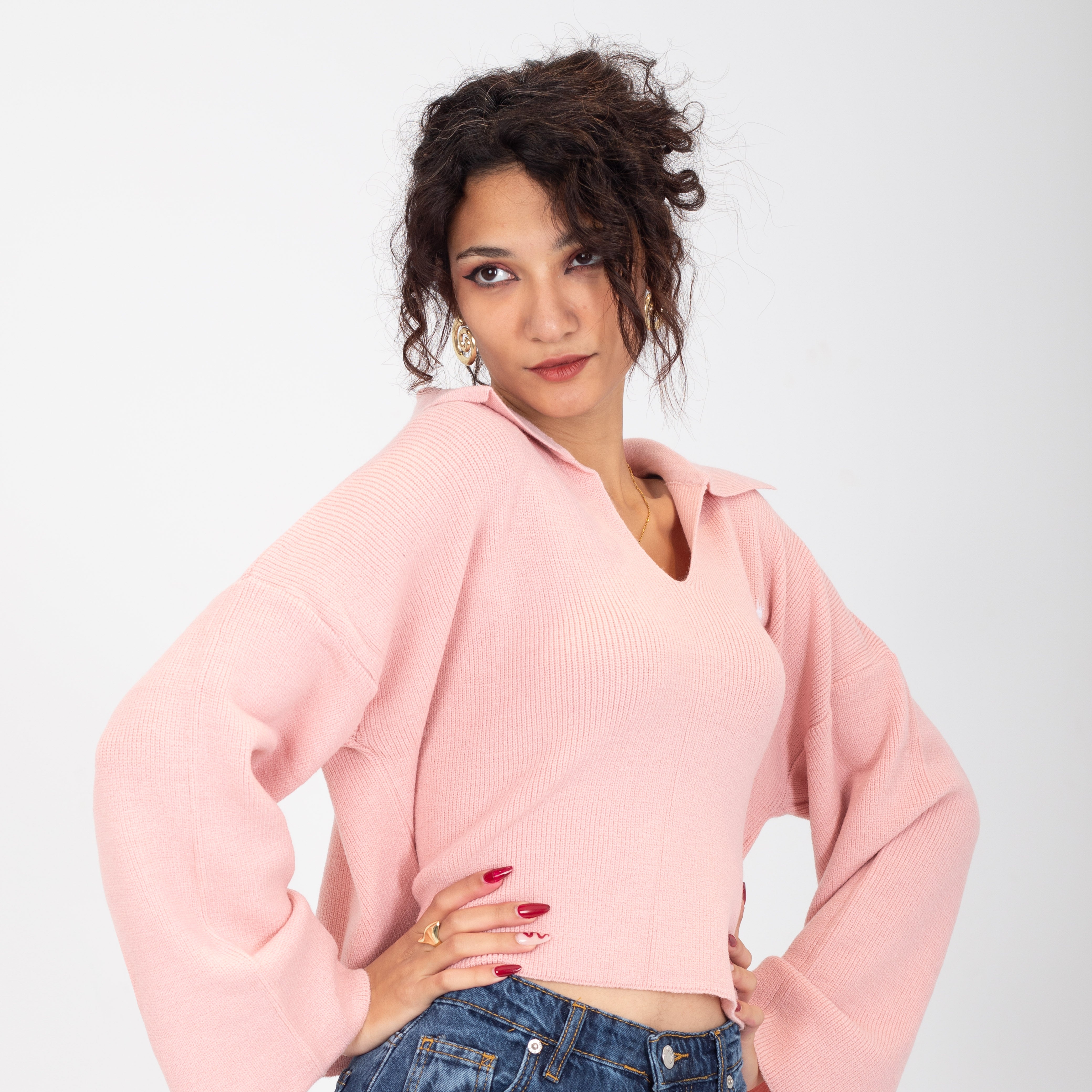 Collared V-Neck Cropped Knit Sweater w16252687/1