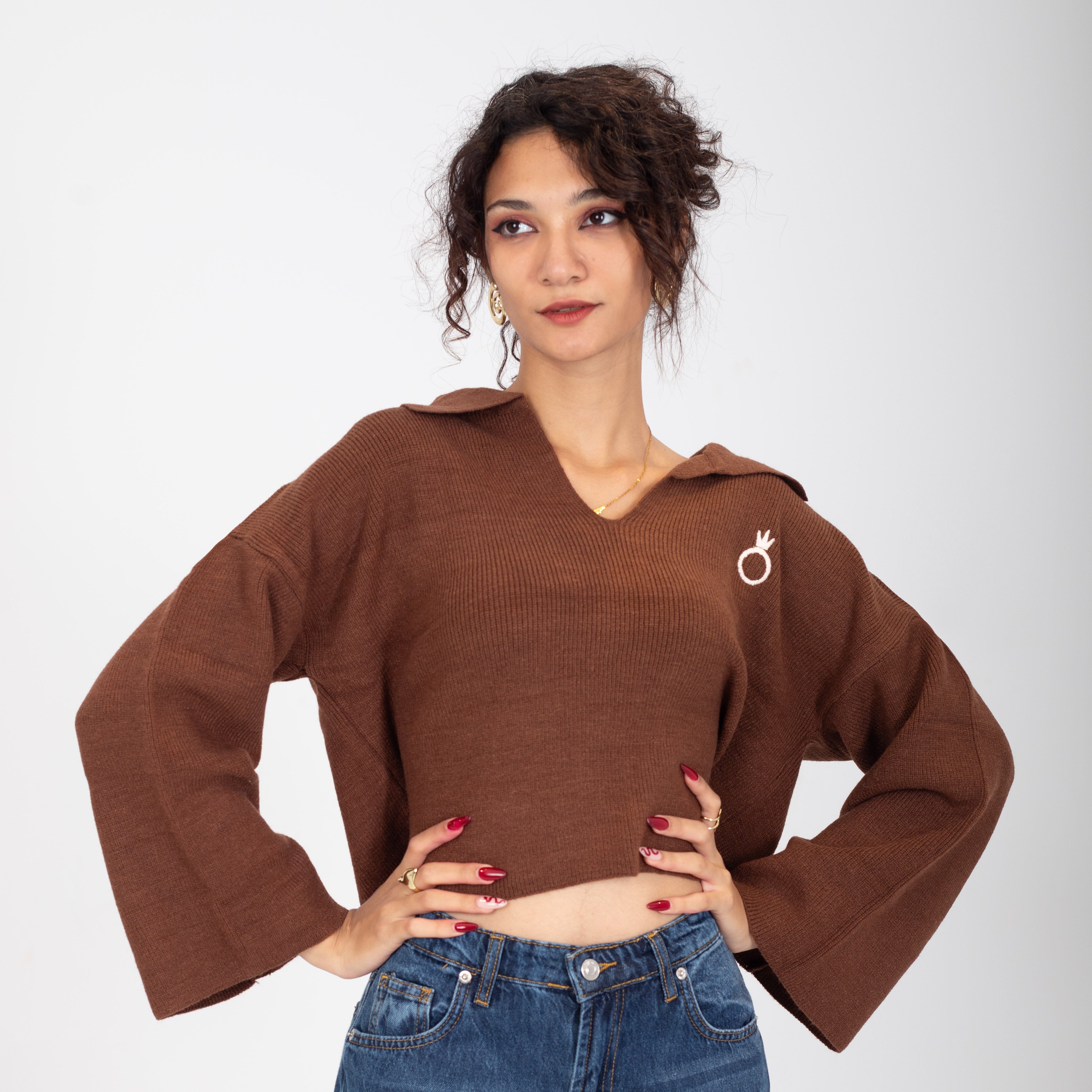 Collared V-Neck Cropped Knit Sweater w16252687/1