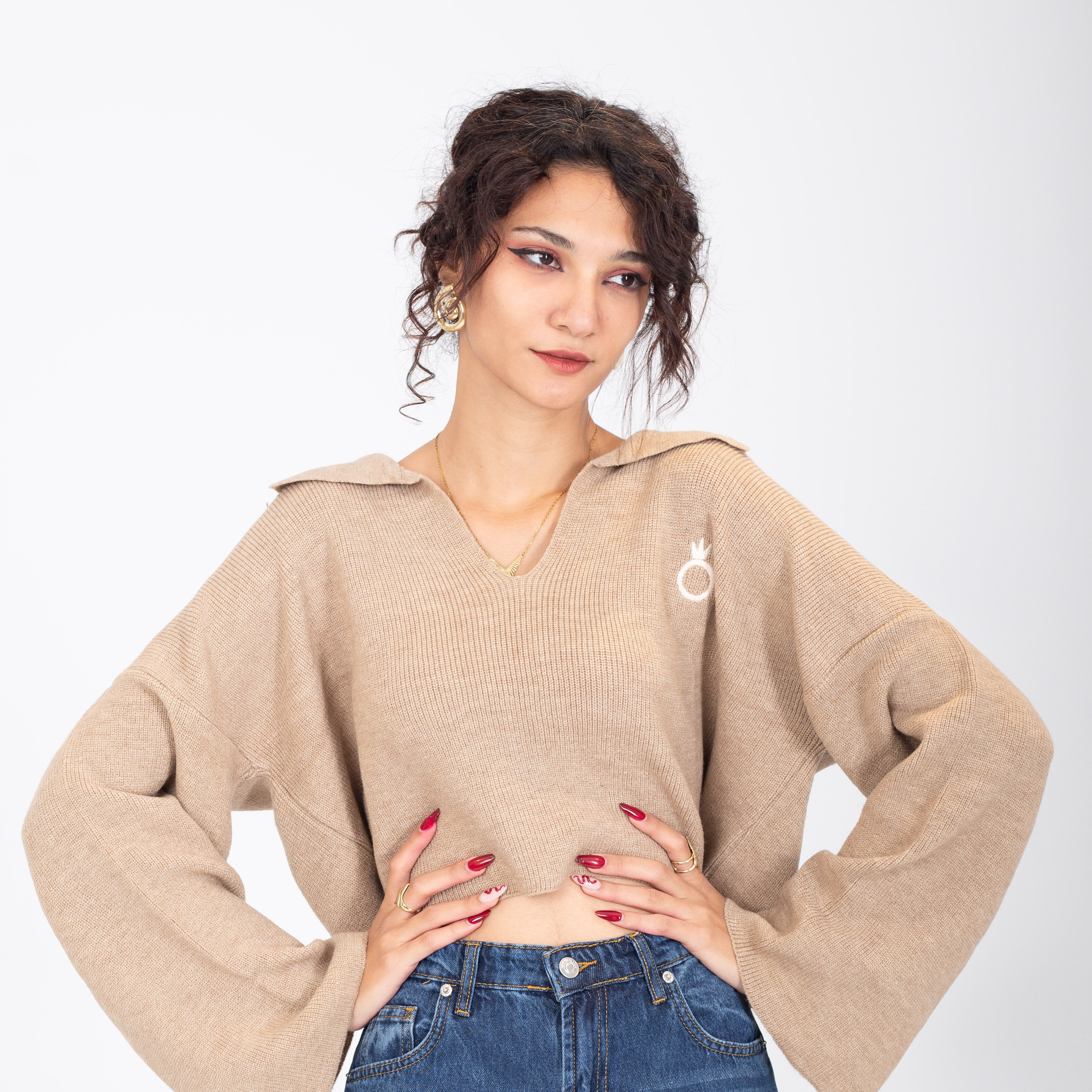 Collared V-Neck Cropped Knit Sweater w16252687/1