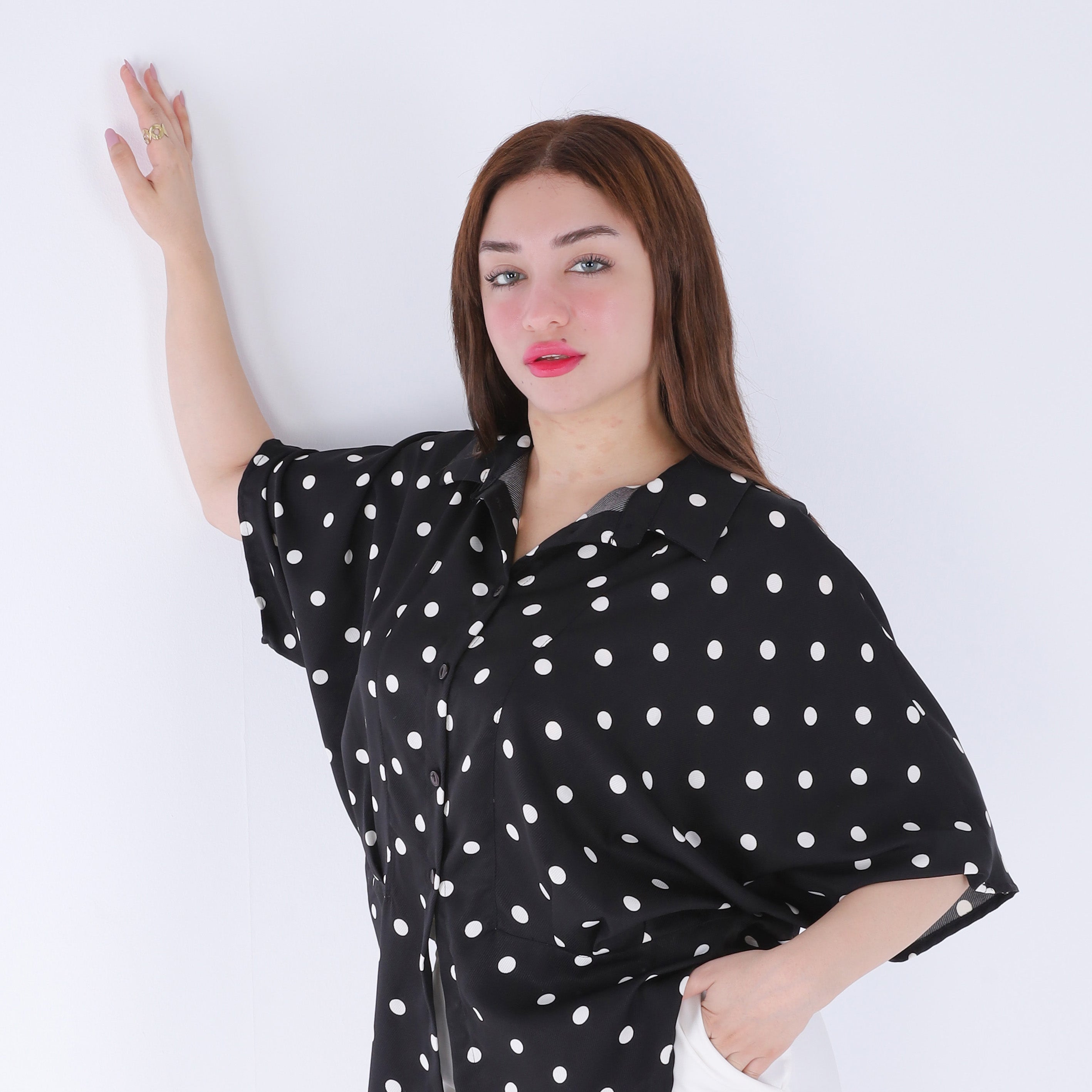 Polka Dot Button-Front Half Sleeve Blouse 209210128