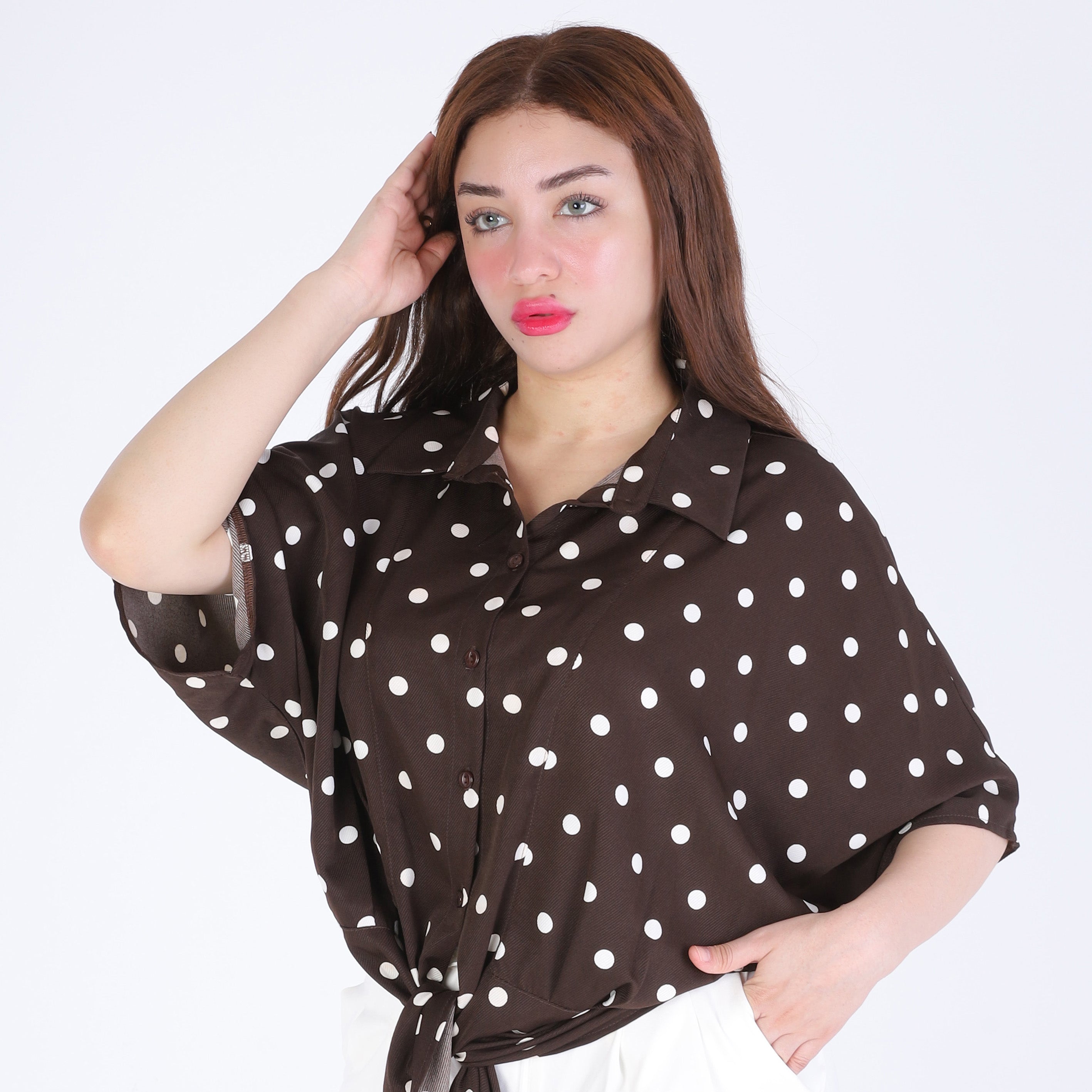 Polka Dot Button-Front Half Sleeve Blouse 209210128