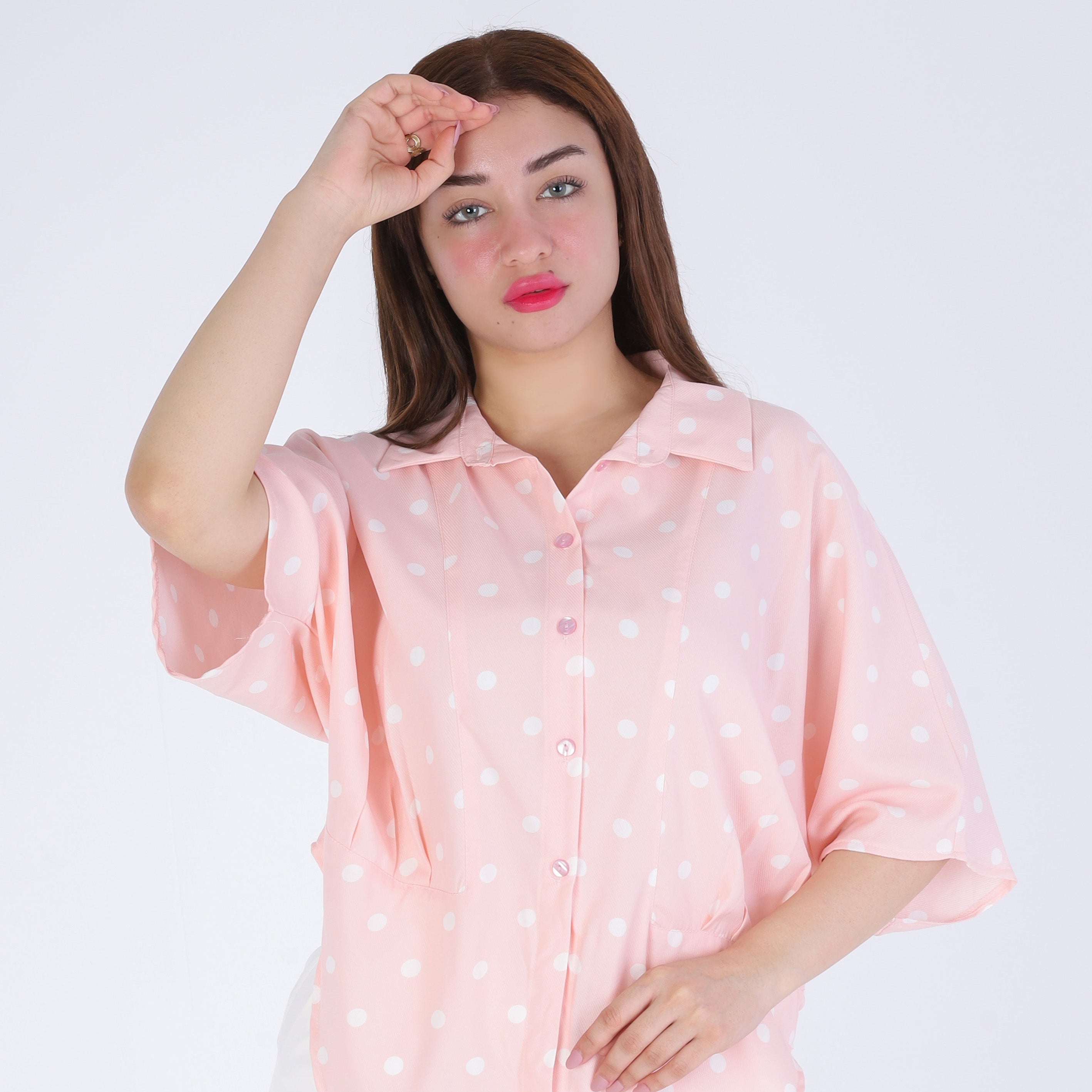 Polka Dot Button-Front Half Sleeve Blouse 209210128