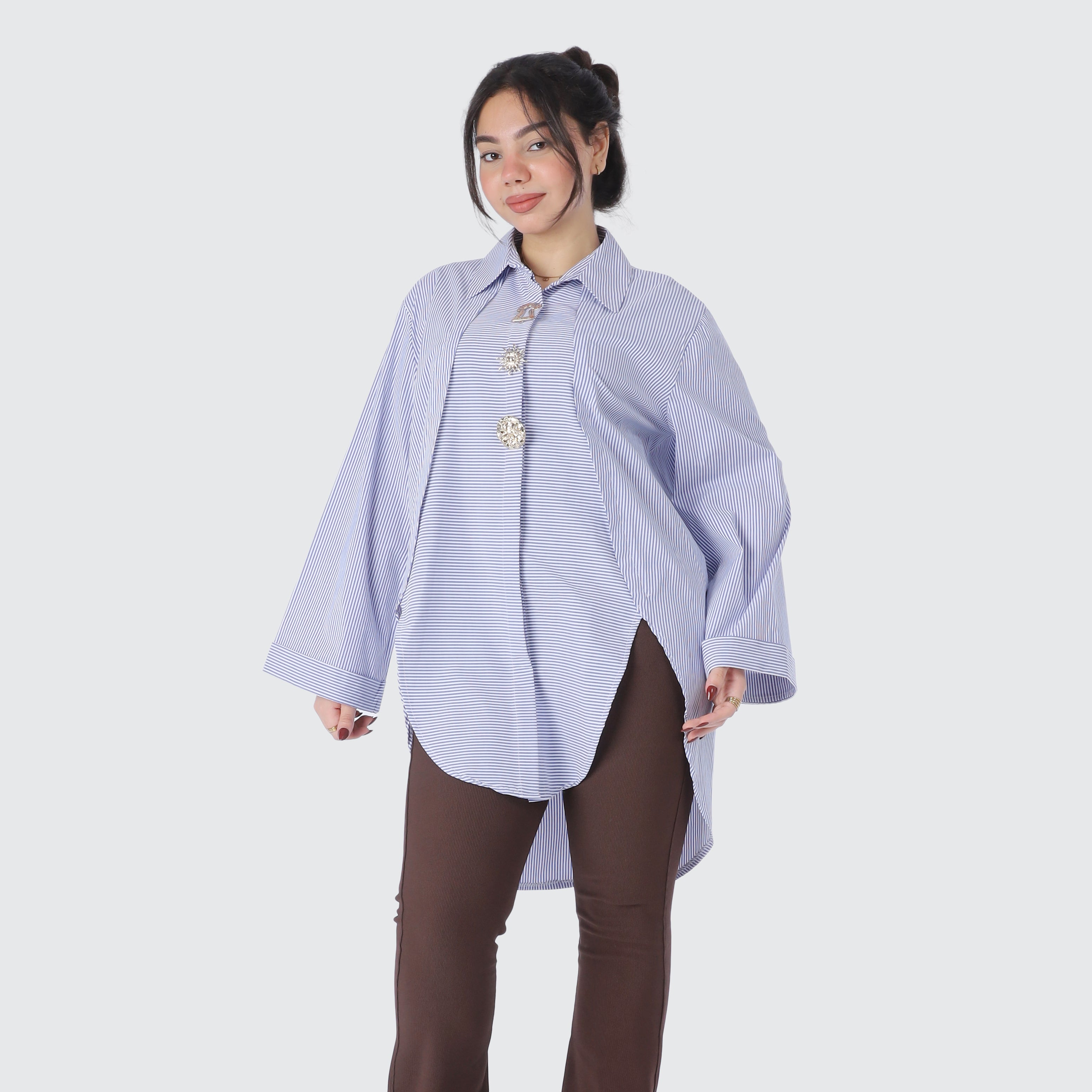 Striped Long Poplin Shirt with Decorative Buttons 2000/165/1