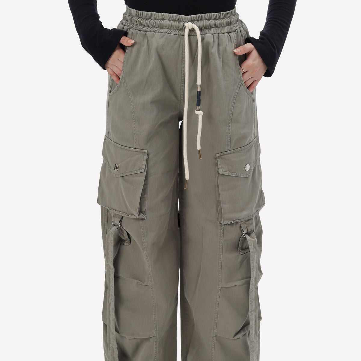 Wide Leg Cargo Pants with Drawstring Waist 2059E211