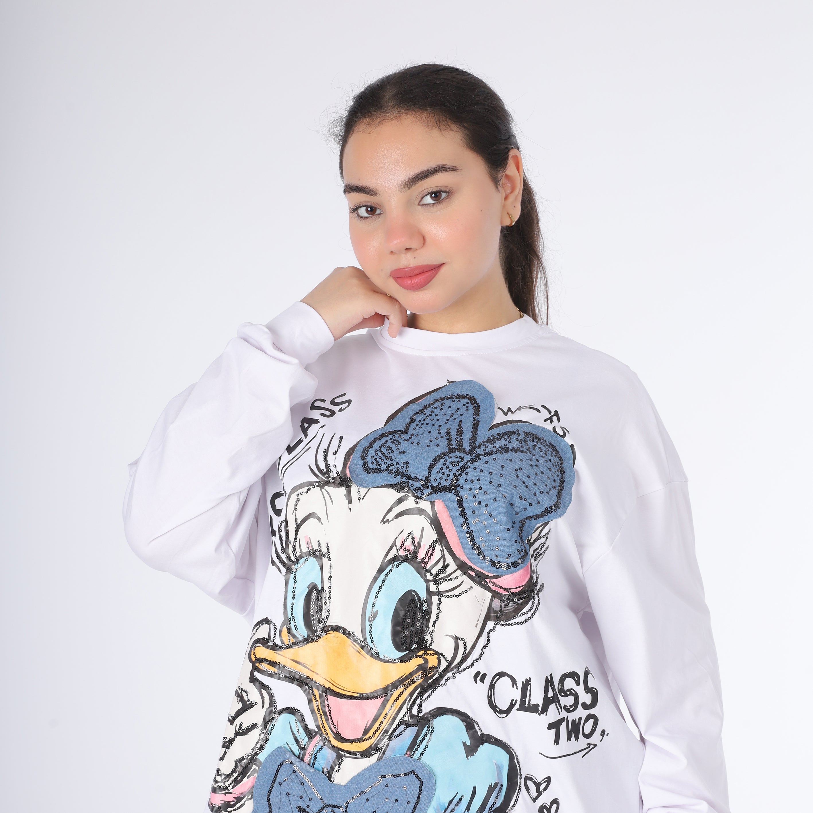 Oversized Cartoon Graphic Sweatshirt with Glitter Embroidery 2073C993