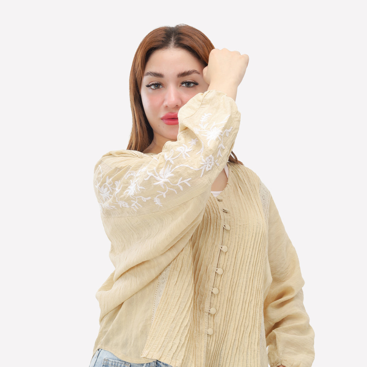 Elegant V-Neck Embroidered Sleeve Blouse 2003/175