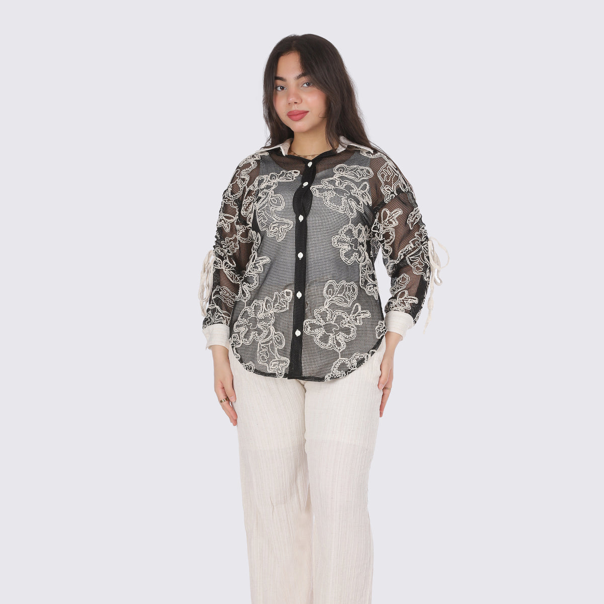 Embroidered Sheer Shirt & Pants Set 206640807
