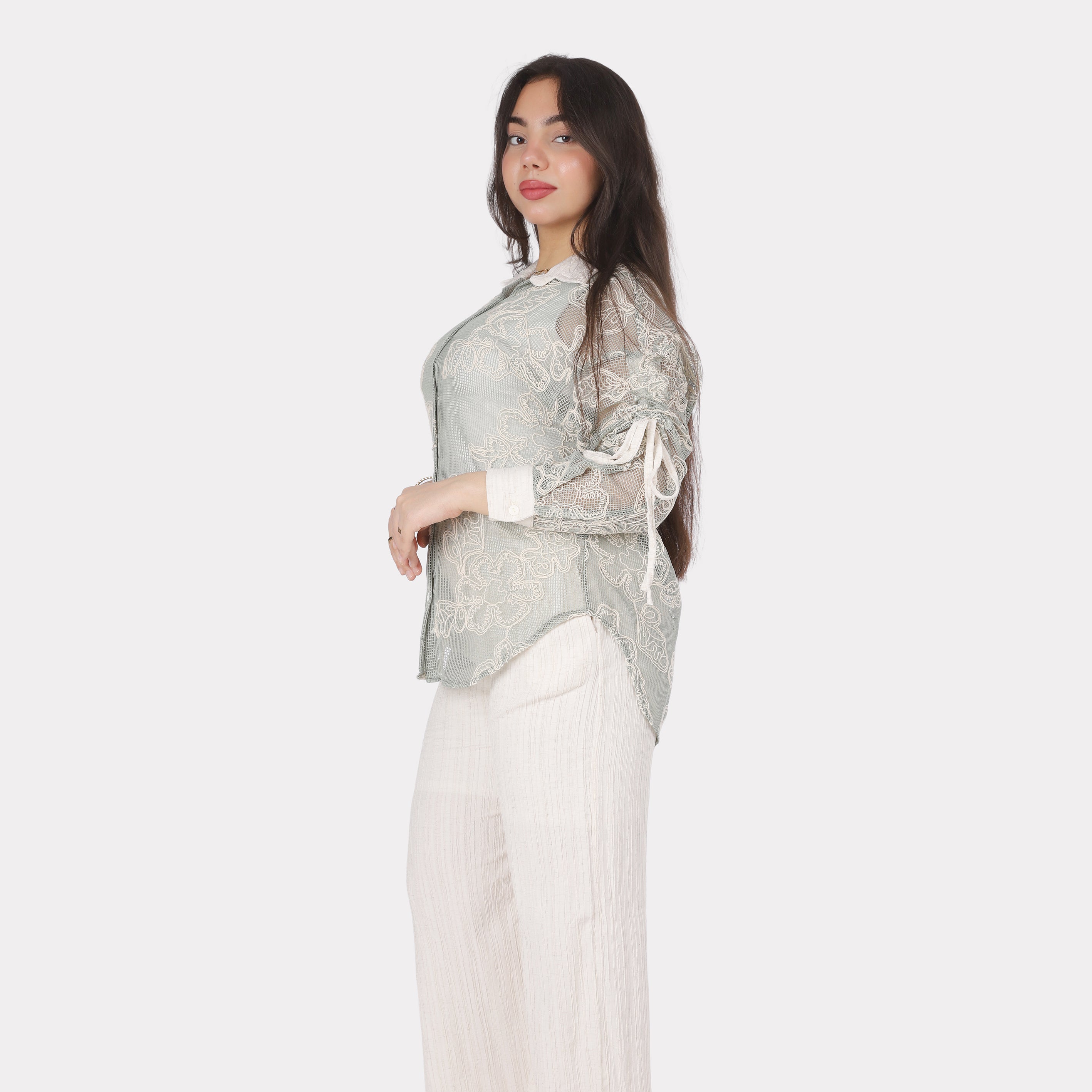 Embroidered Sheer Shirt & Pants Set 206640807