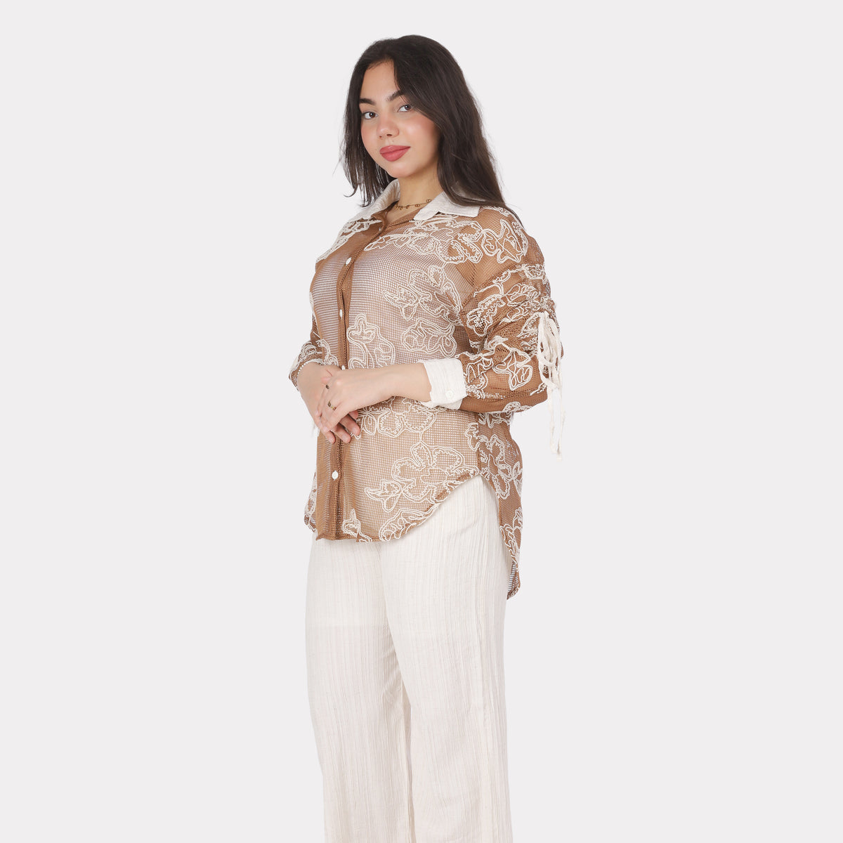 Embroidered Sheer Shirt & Pants Set 206640807