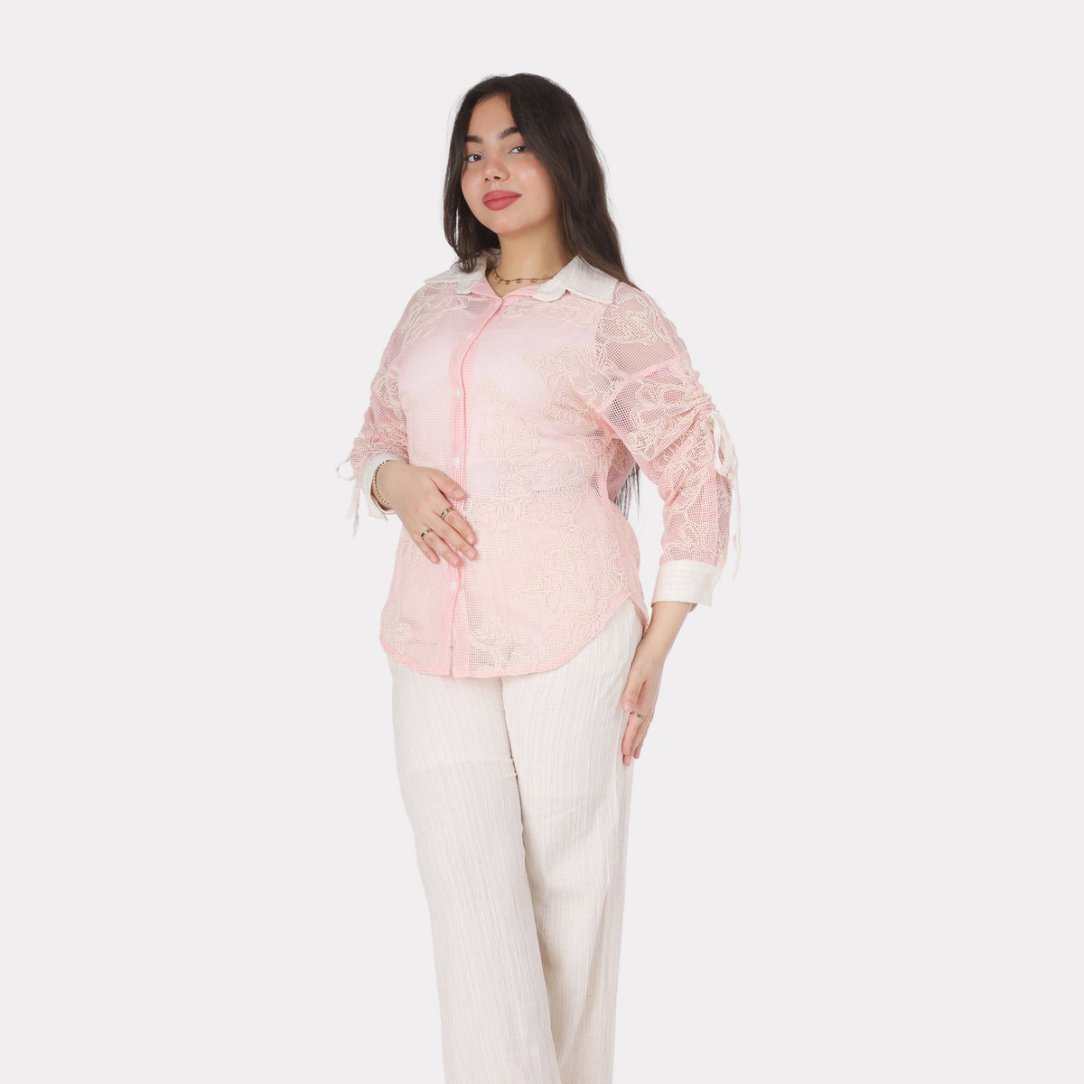 Embroidered Sheer Shirt & Pants Set 206640807