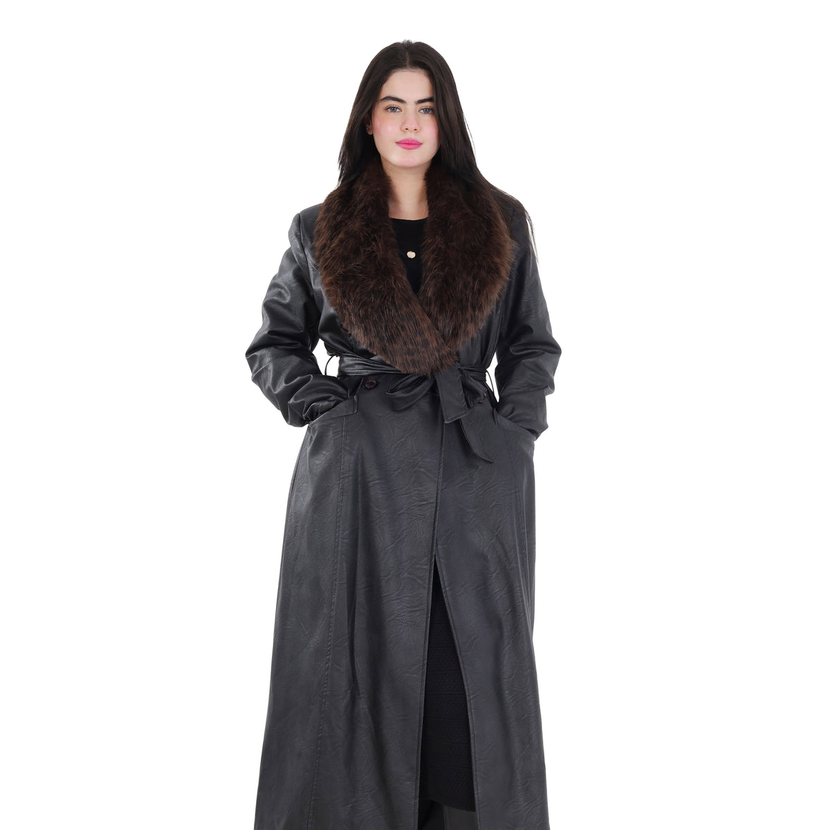 Faux Leather Trench Coat with Faux Fur Collar and Belt 21902031