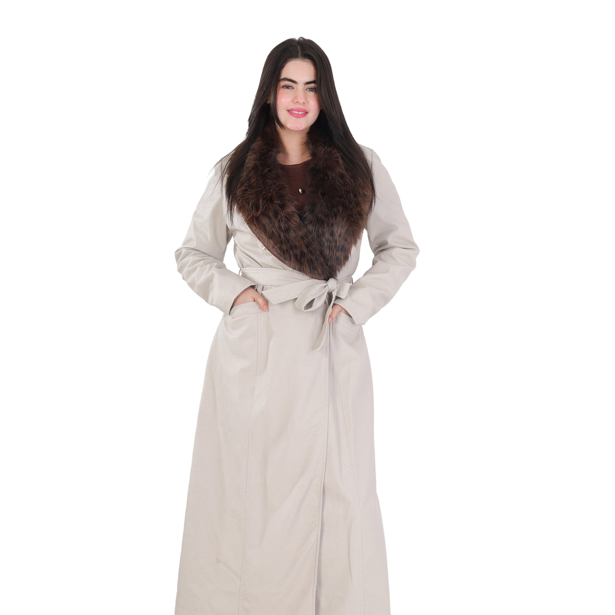 Faux Leather Trench Coat with Faux Fur Collar and Belt 21902031
