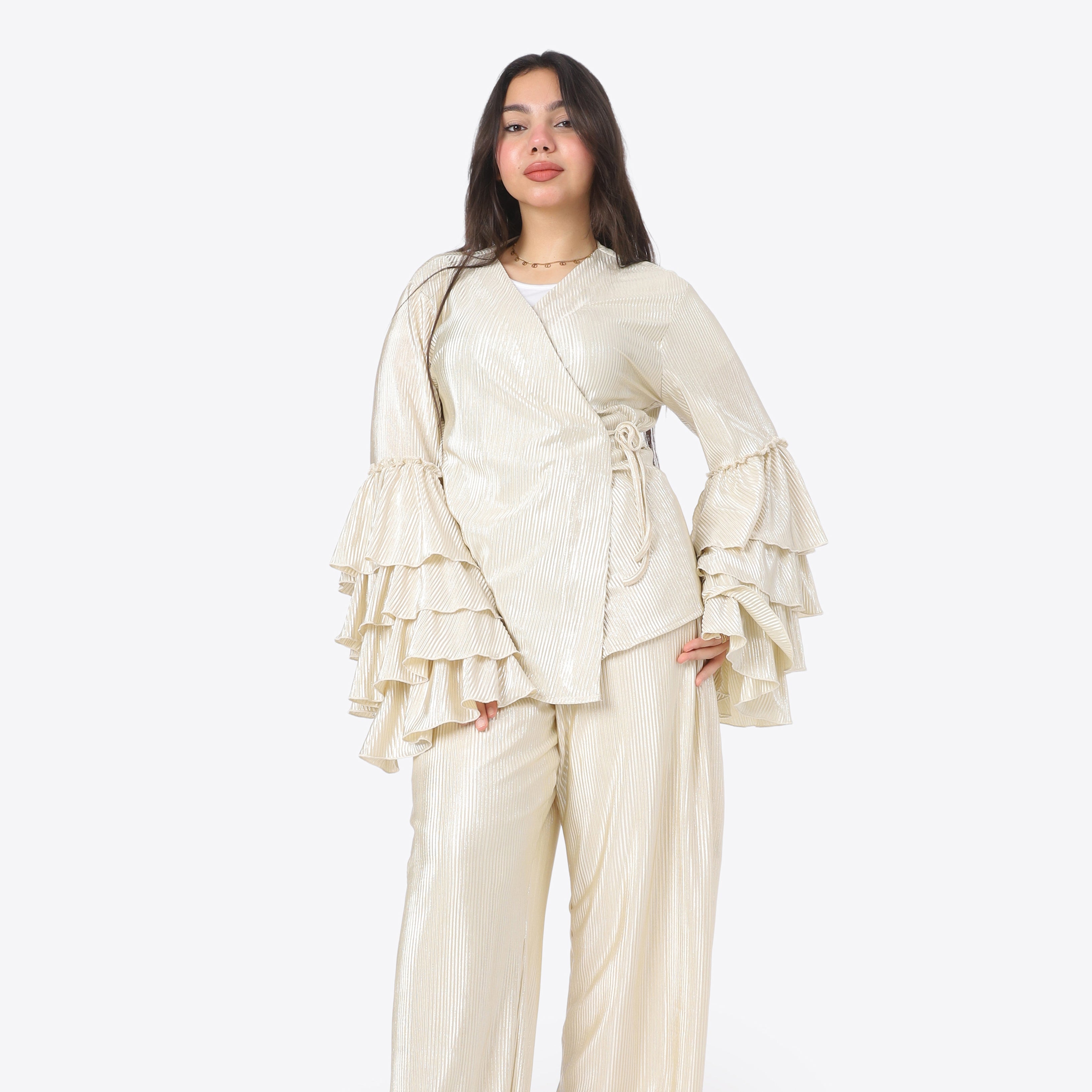 Metallic Wrap Blouse & Wide-Leg Pants Ensemble 2002/068/1
